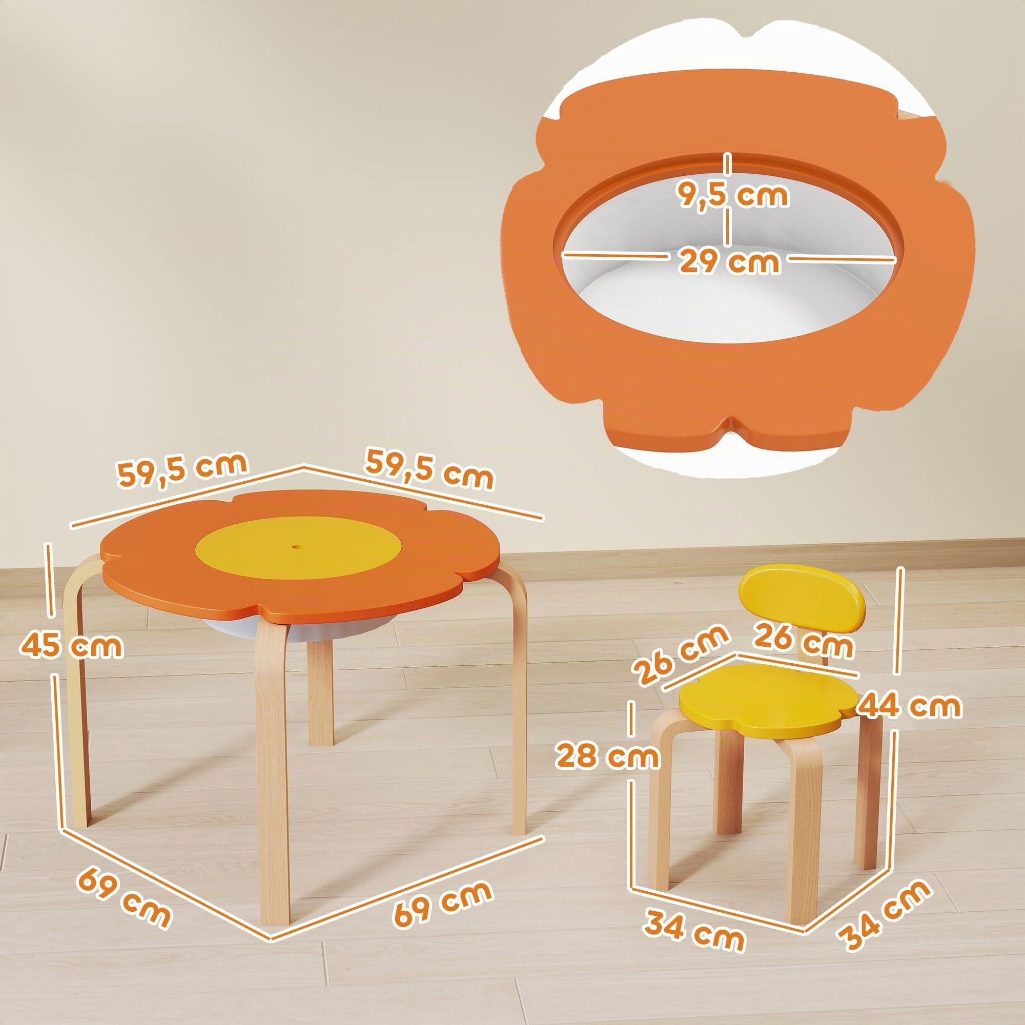 AIYAPLAY Kindersitzgruppe Kindertisch mit Stauraum 5-Teilig Holz Bunt