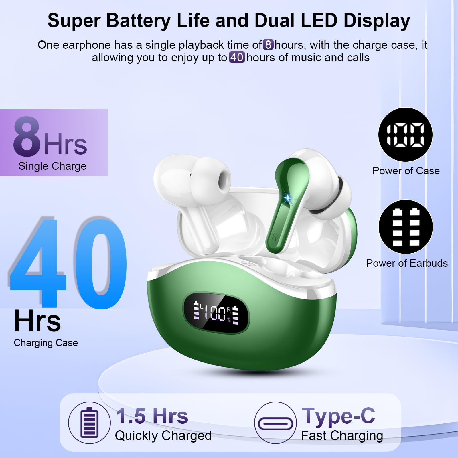Ordtop Cuffie Bluetooth, Auricolari Bluetooth 5.3 con 4 HD ENC Cancellazione Rumore Mics, 40 Ore HiFi Stereo Cuffiette Bluetooth con LED Display USB-C, IP7 Impermeabili Cuffie Wireless per Android/iOS