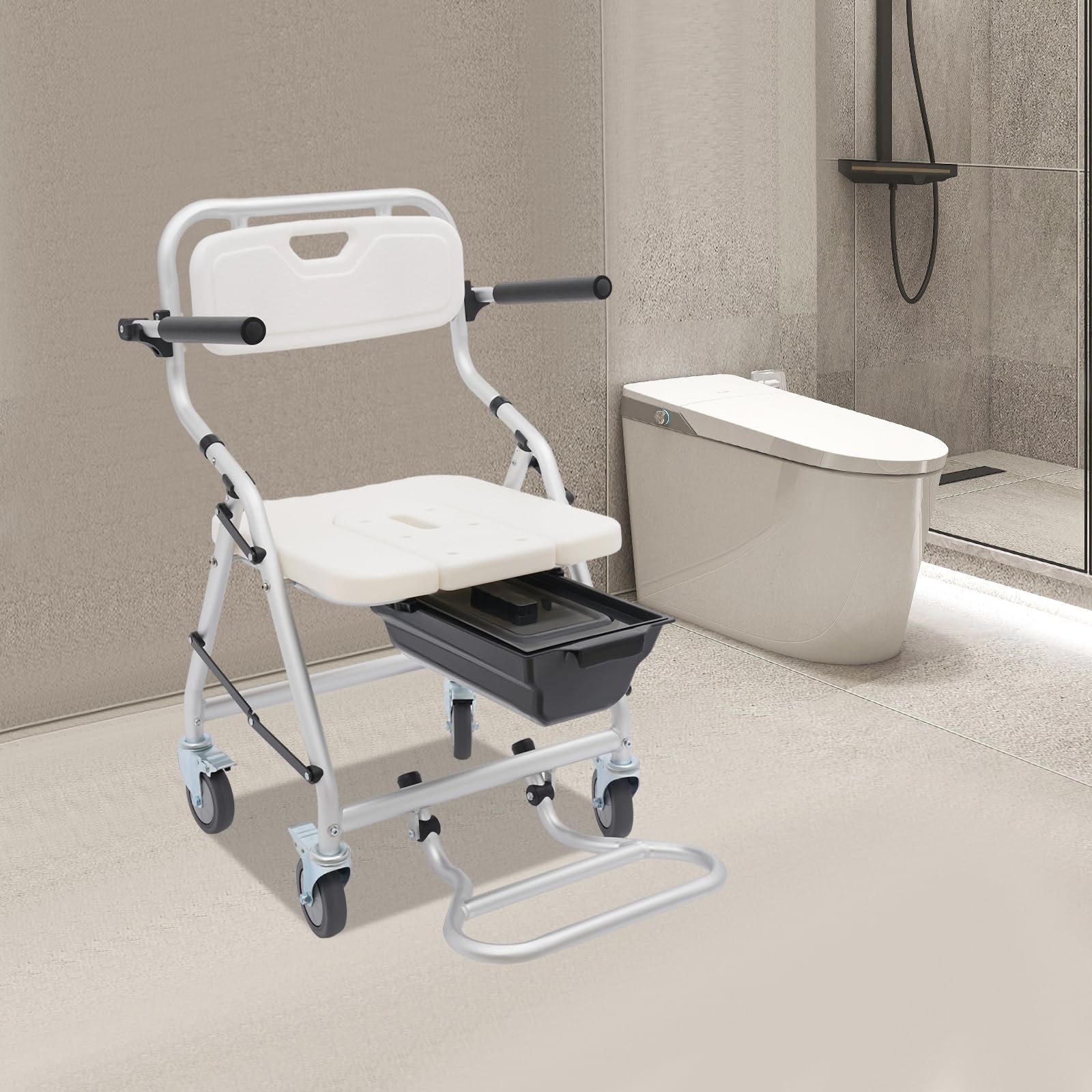 Taburete de ducha plegable con ruedas, silla de ruedas con accesorio de inodoro, 150 kg, soporta 4 ruedas con frenos, aleación de aluminio, impermeable, para personas mayores y con movilidad reducida