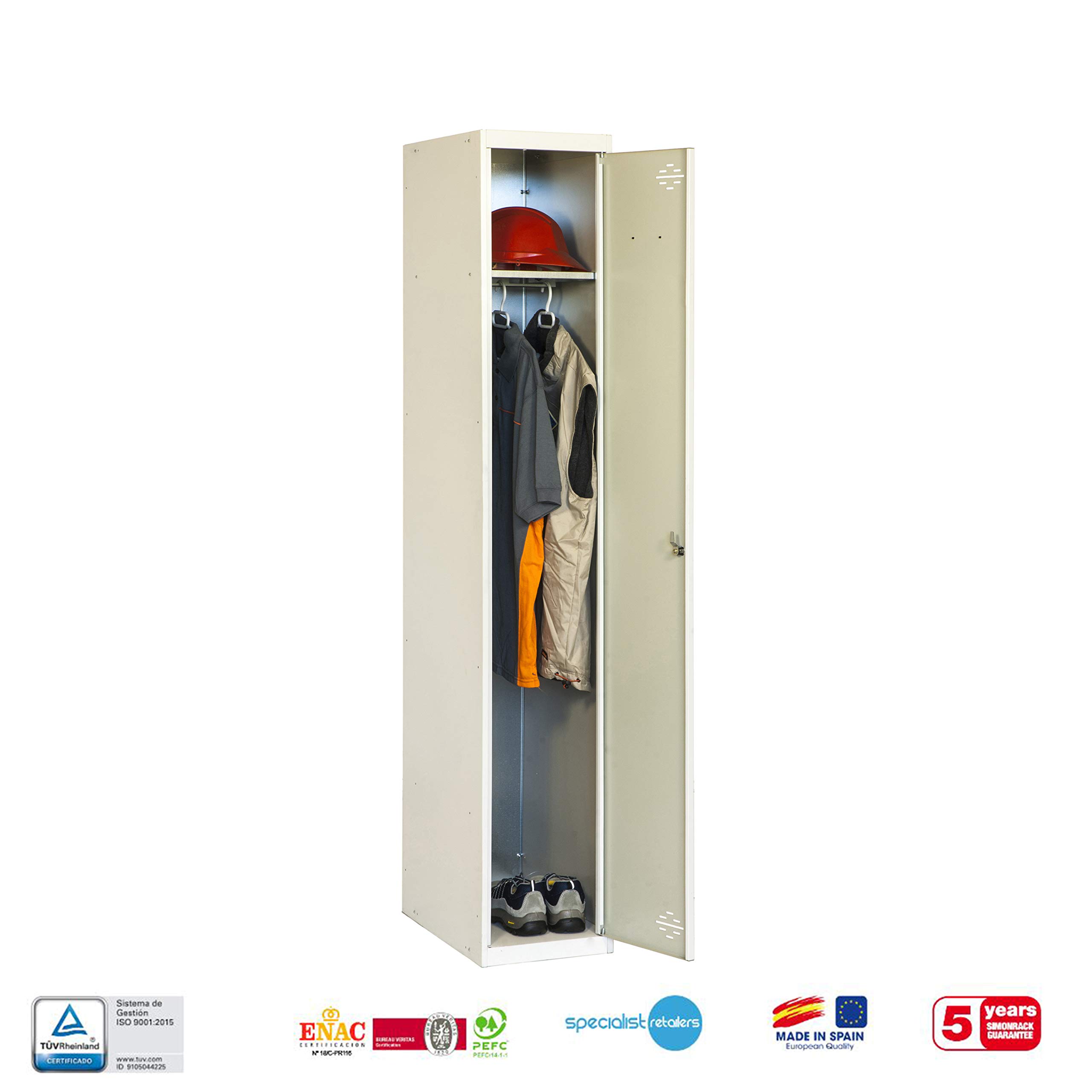 SimonRack Taquilla Vestuario Metálica, 1 Puerta, Incluye Llave, Profesional, 1800x300x500 mm, Gris - Simonlocker | Incluye 2 llaves, pintura anticorrosión, gris