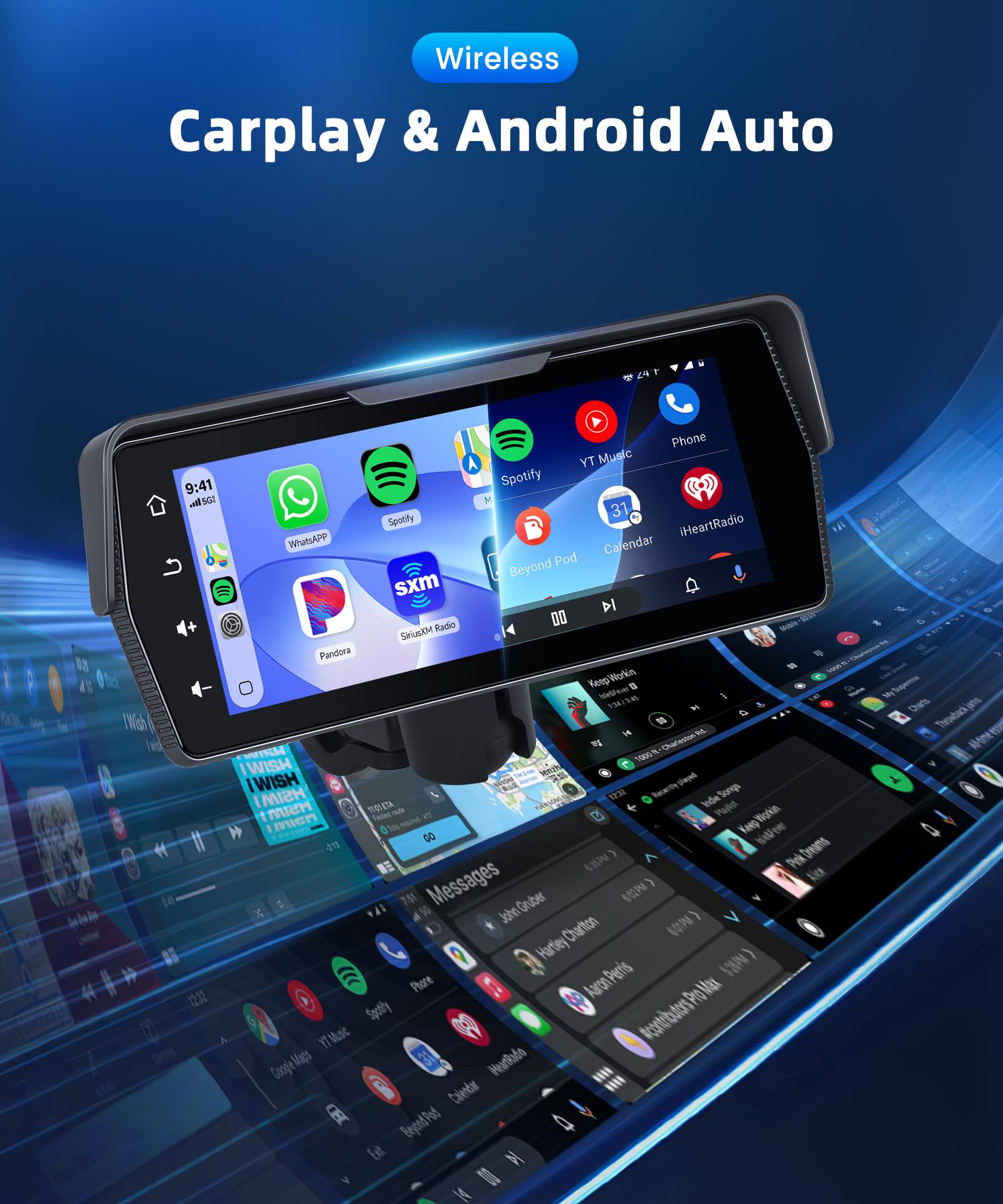 Rimoody sans Fil Carplay Écran Moto avec Dashcam 2 Caméras Avant et Arrière, 6.86 Pouces Écran Portable Carplay pour Motocycle Android Auto/Étanche IP68/Loop Video/Bluetooth/Mirror Link/Navi/Siri/EQ