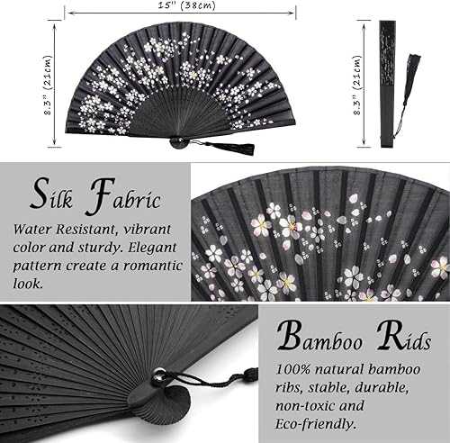 Miniatura 2 de OMyTea Abanico de mano plegable para mujer  Abanico de seda de bambú plegable chino japonés vintage  para sofocos, iglesia, decoración, EDM,
