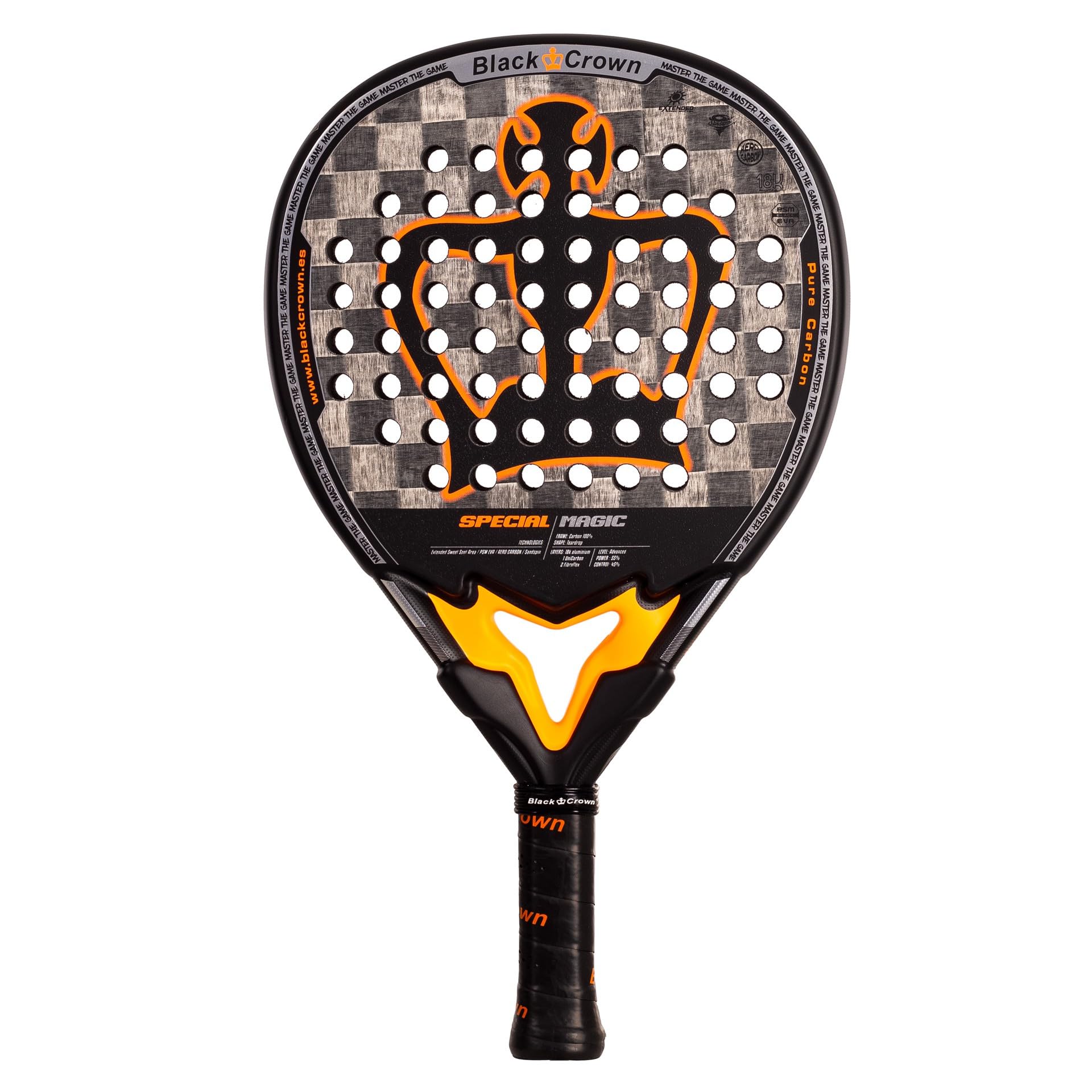 Black Crown - Special Magic Racchetta Padel, Forma a Goccia, Carbonio 18K Alluminizzato, Gomma PSM EVA, Doppio Tubolare 100% Carbonio, Controllo e Potenza, Finitura Sandspin