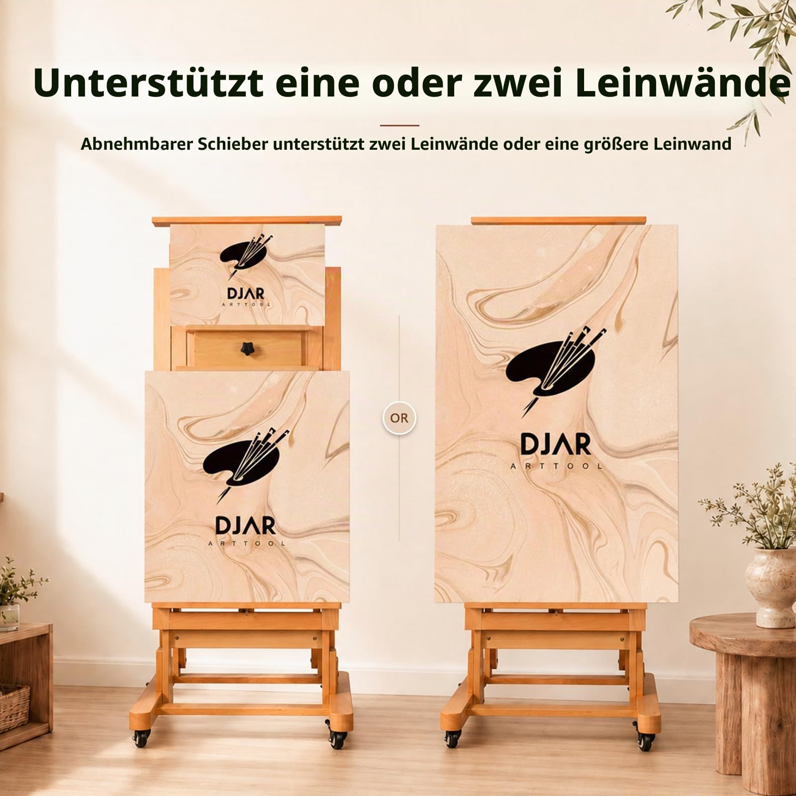 DJAR Extra Großes H-Rahmen Staffelei aus Buchenholz, Verstellbare Profi Atelierstaffelei mit Rollen, Neigbar für Aquarell & Ölmalerei, Hält 1 oder 2 Leinwände bis 201 cm, Natur