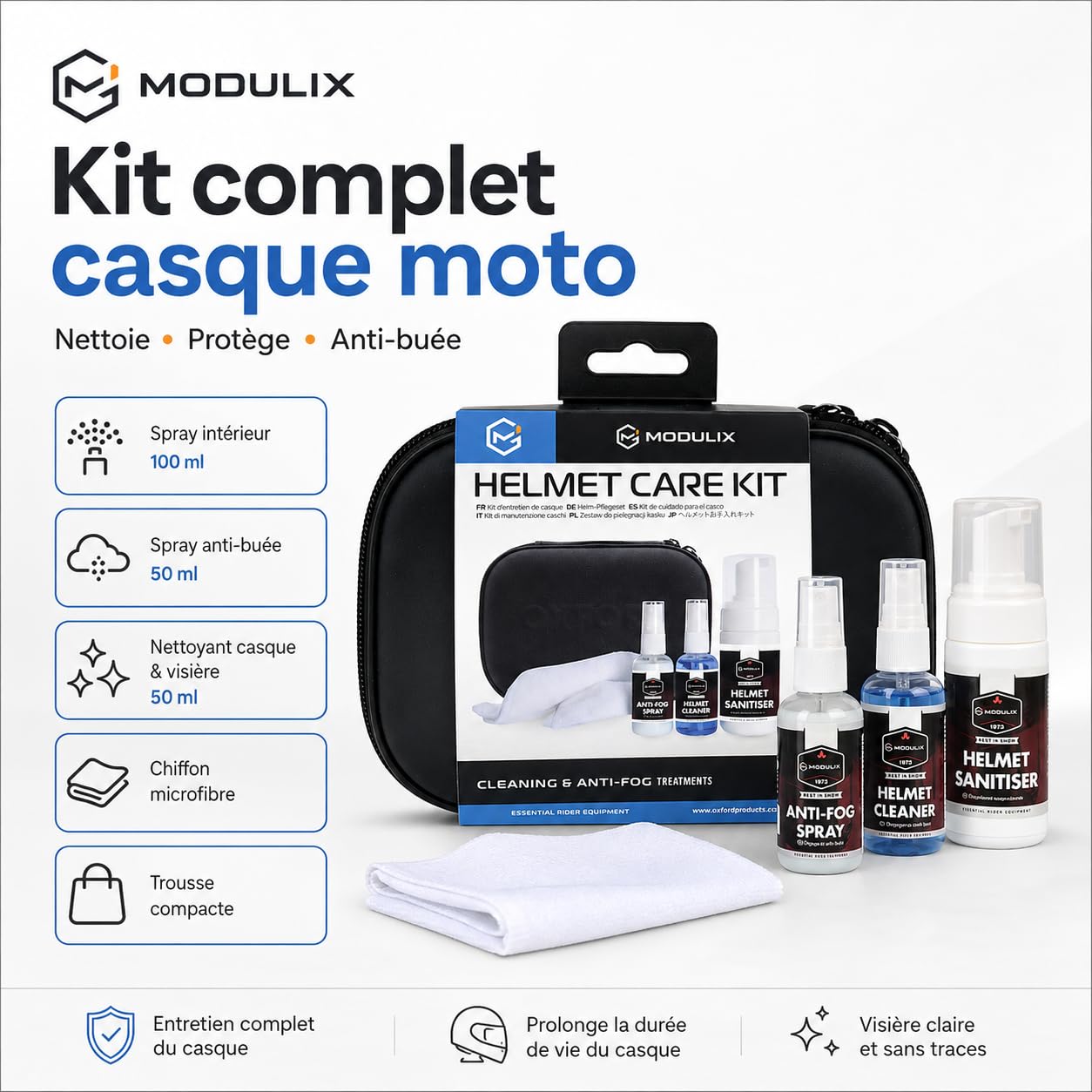 Kit Entretien Casque Moto et Scooter, 3 Sprays Nettoyant Intérieur, Nettoyant Visière et Anti-Buée, Désinfectant Casque 100 ml, Spray Visière 50 ml, Chiffon Microfibre et Trousse Compacte
