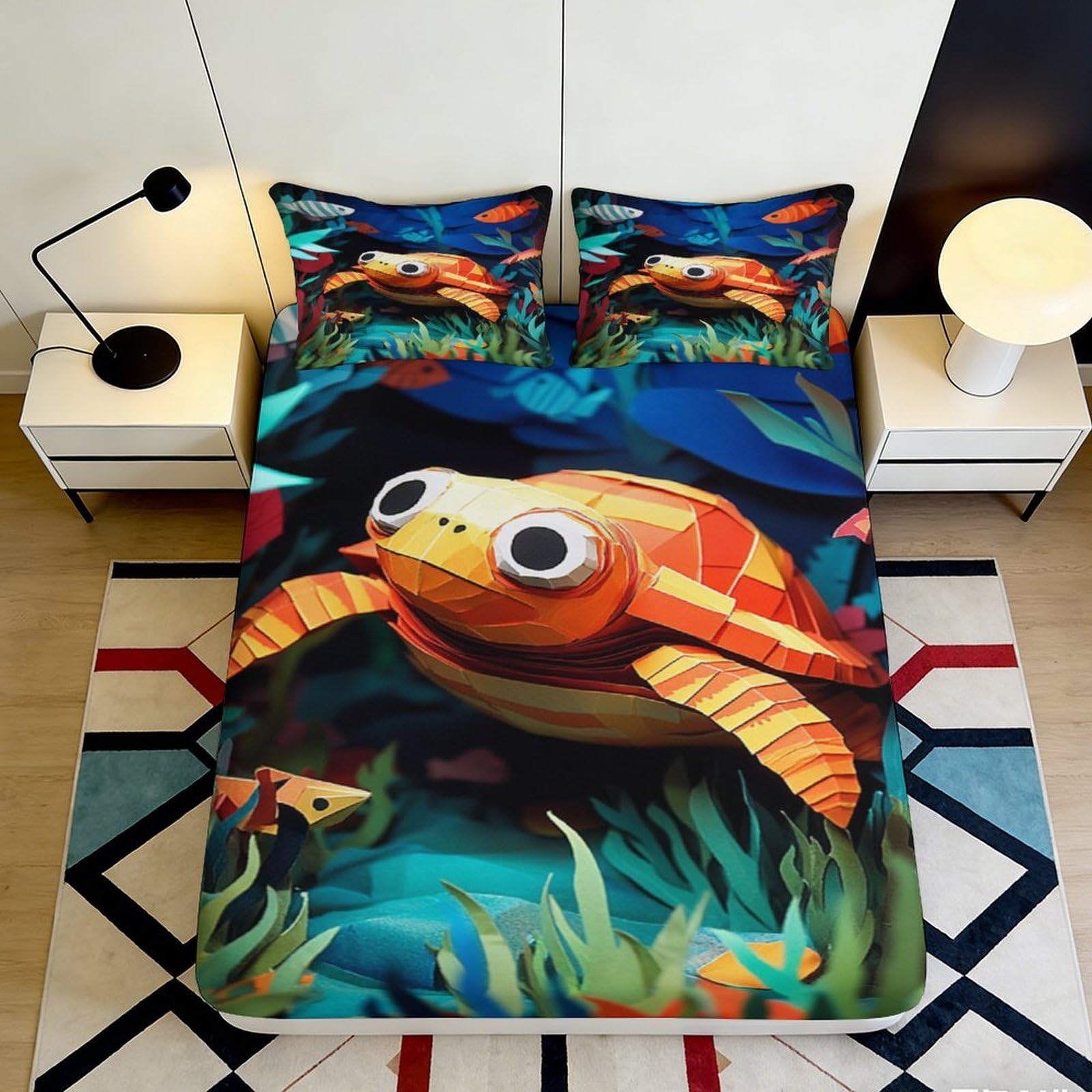 3D Printed Orange Sea Turtle Fitted Sheet Microfiber Soft Breathable Underwater Fish Mattress Cover for Bedroom Dorm Decor 200x200x25cm