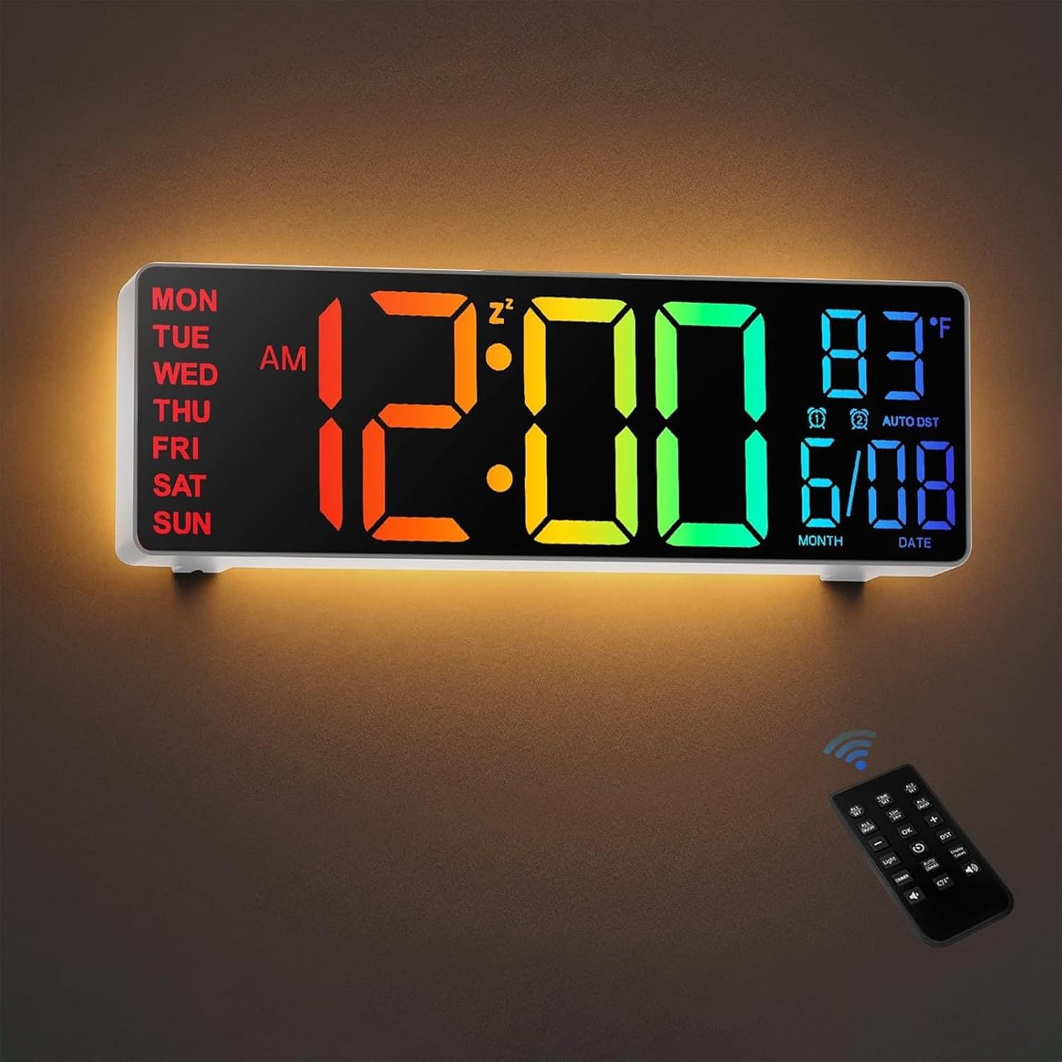 HUO JI Horloge murale et de table numérique de 10,5 pouces avec télécommande, changement de couleur RVB, réglage automatique de la luminosité, veilleuse, affichage de la température et de la date
