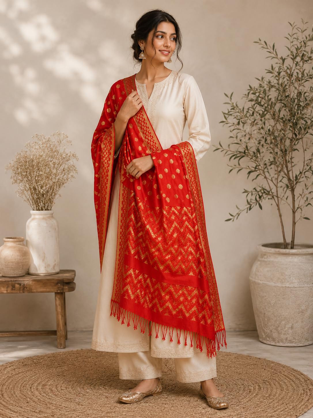 Women Nylon Red Geometric Woven Dupatta, 225 cm x 70 cm-image-8
