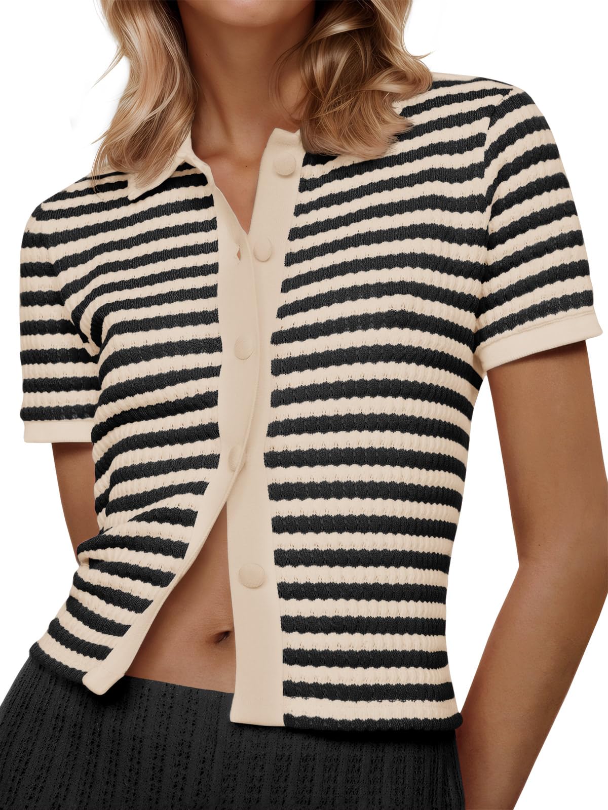 Womens Striped Short Sleeve Sweater Tops Polo Collared Button Crochet Summer Cropped Cardigan-image-32