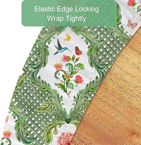 Miniatura 2 de Manteles de hojas verdes con diseño de hojas florales y colibríes, diseño de mariposas, redondos, de poliéster, con borde elástico, impermeable, a