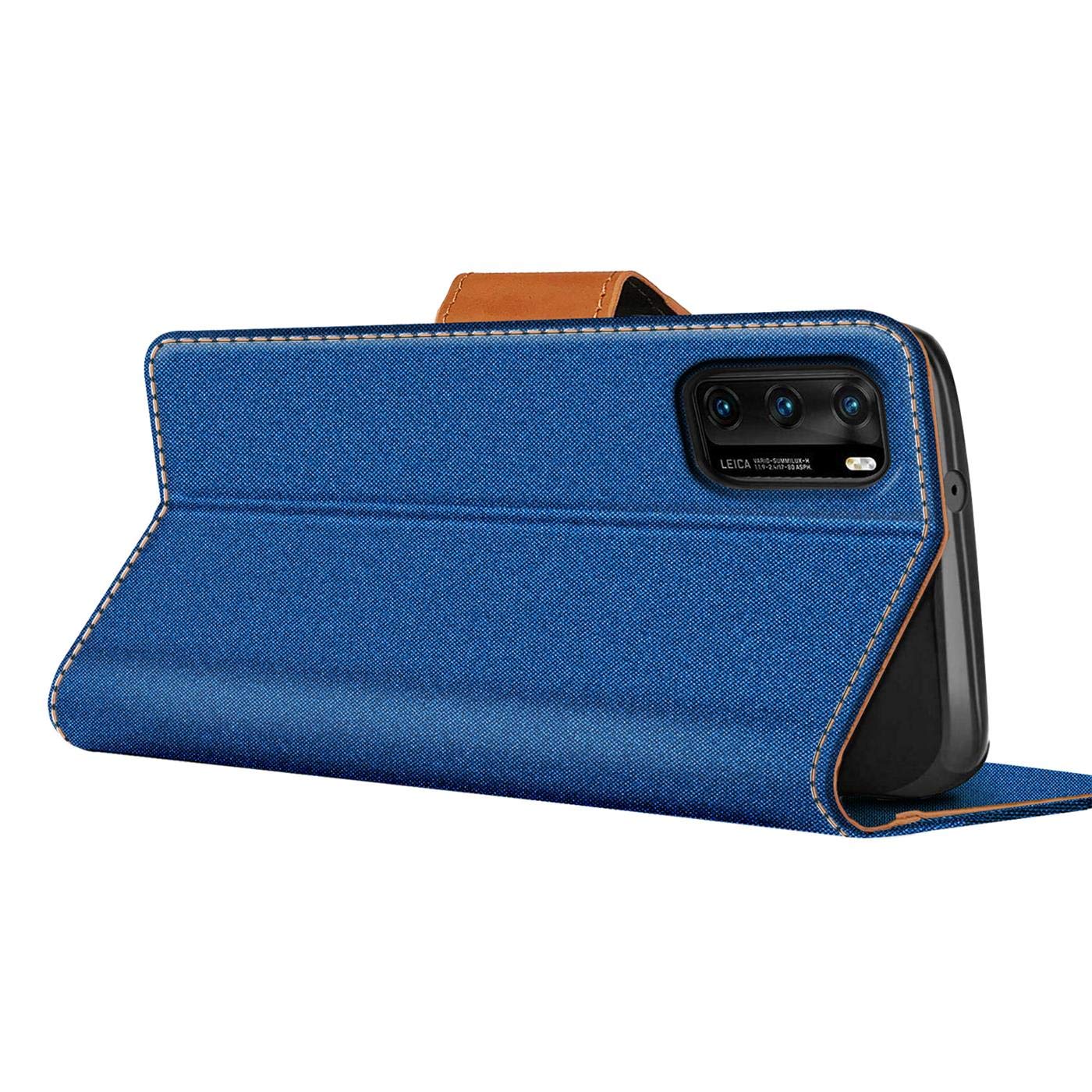Verco Phone Wallet Case compatible with the Huawei P40, Canvas Faux Leather Book Cover for the P40 Flip Case Bag Hinged - Blue - Image 4