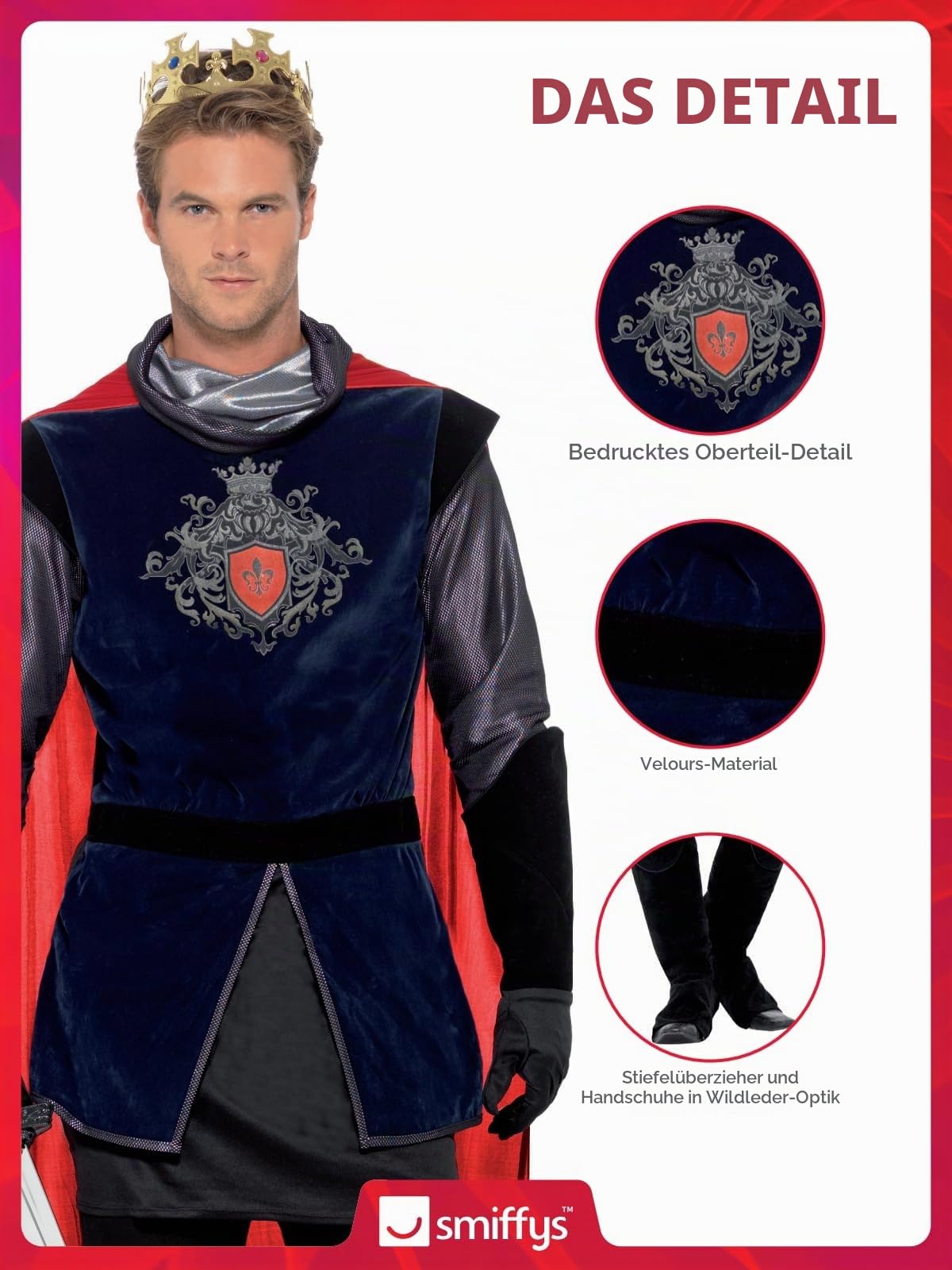Smiffy's 43417L - King Arthur Deluxe Kostüm mit Top Cape Handschuhe Beinwärmer und Crown