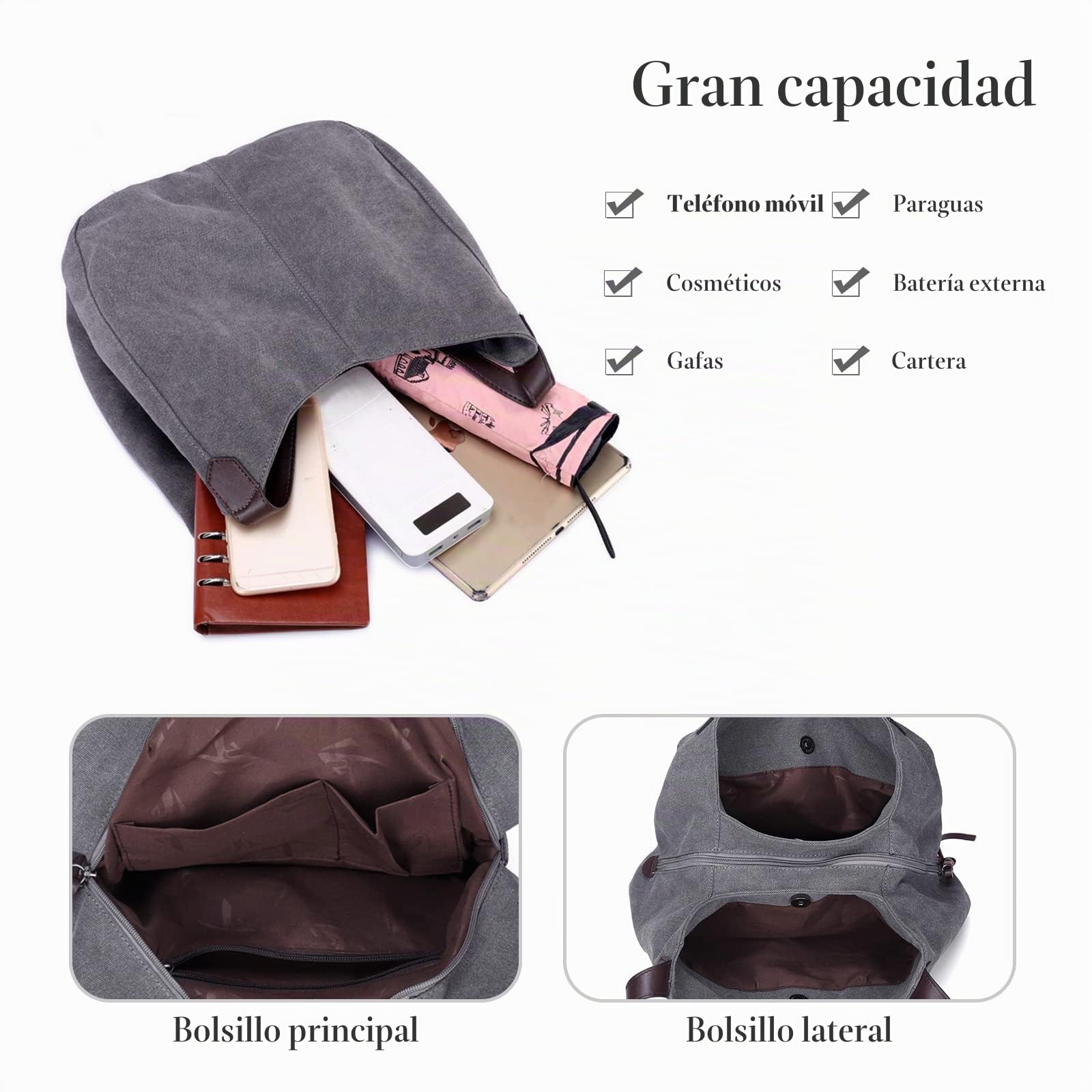Bolsos de Mujer Lona Bolsa Tote Señoras Bolso de Hombro Vintage Bolso de Mano Ligero para Compras Viajes Escolares Trabajo