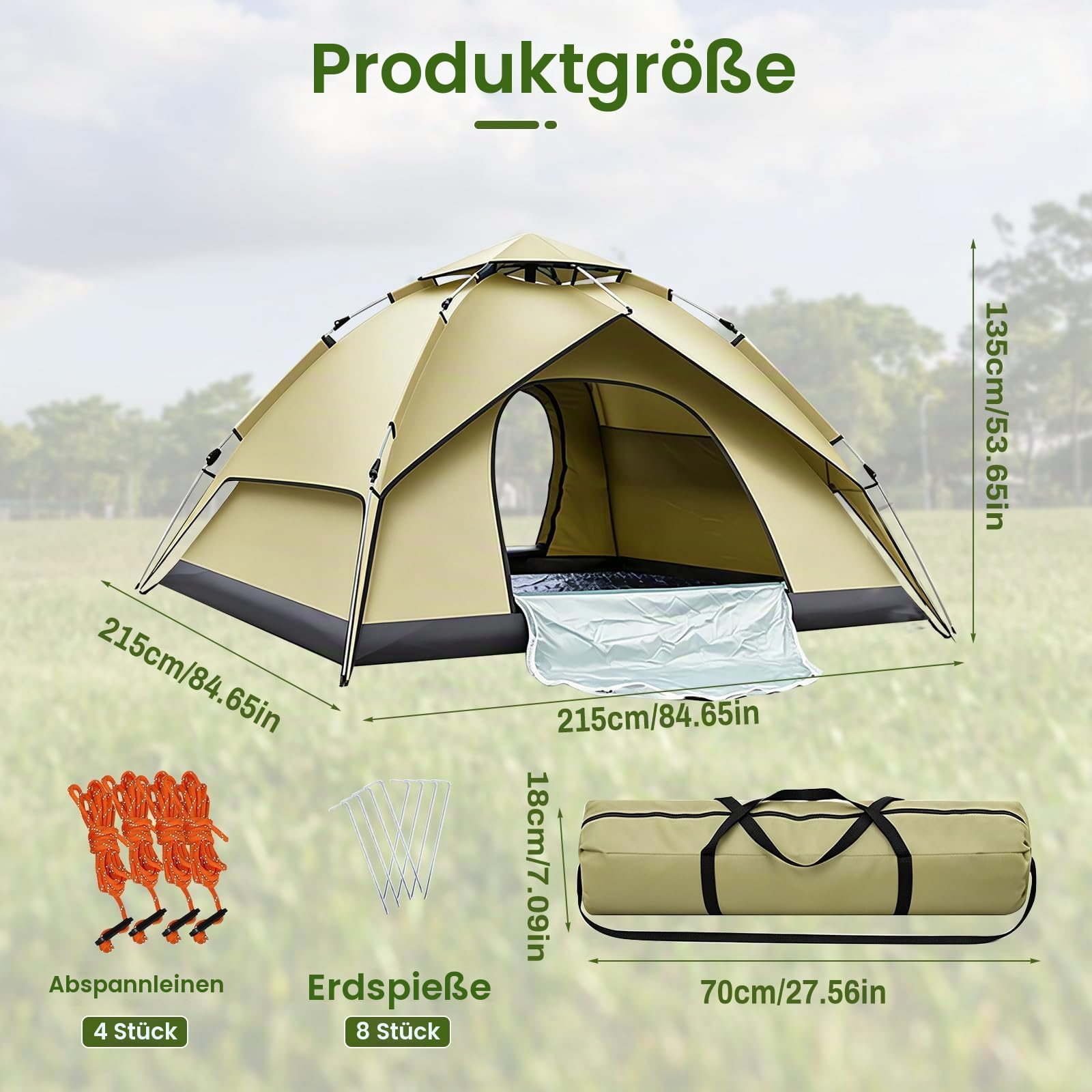 Pop-Up-Zelt für 3-4 Personen, Automatischer Aufbau in 10 Sekunden, Doppelwandiges, Wasserdichtes und UV-beständiges Kuppelzelt mit Tragetasche für Camping Wandern Strand