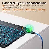 Tumeiguan Háttérvilágítású Bluetooth Billentyűzet - Megnövelt Billentyűkkel, QWERTZ Német Kiosztás, iOS/Android/Windows/Mac Kompatibilis, Ul 6
