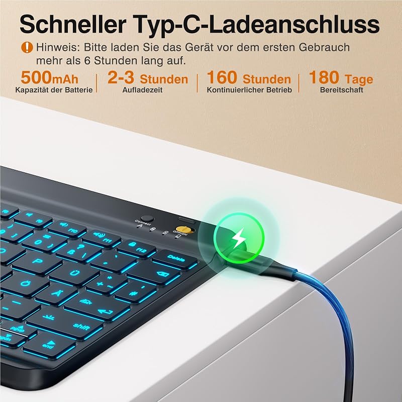 Tumeiguan Háttérvilágítású Bluetooth Billentyűzet - Megnövelt Billentyűkkel, QWERTZ Német Kiosztás, iOS/Android/Windows/Mac Kompatibilis, Ul