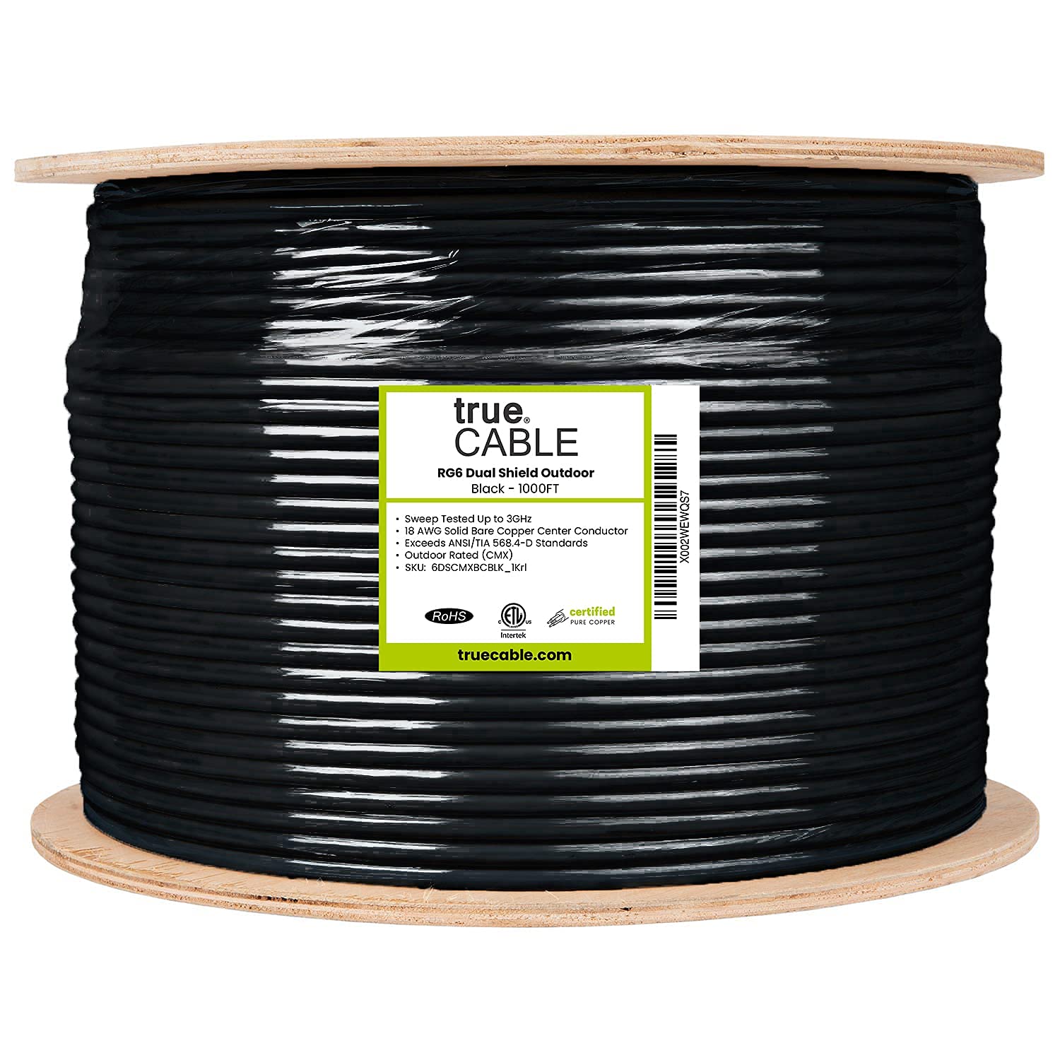 TRUECABLE RG6 Outdoor Dual Shield Bulk Coaxial Cable, 1000ft, Black, Direct Burial (CMX), 75 Ohm, 18 AWG Bare Copper Conductor, UV Resistant, 3GHz Sweep Tested