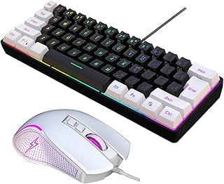 ERYUE Kit de teclado e mouse de computador USB V700BW+X100 com retroiluminação RGB com fio de 61 teclas + mouse para jogos com fio Iluminação LED colorida DPI de 4 níveis máximo de 3600 DPI para PC