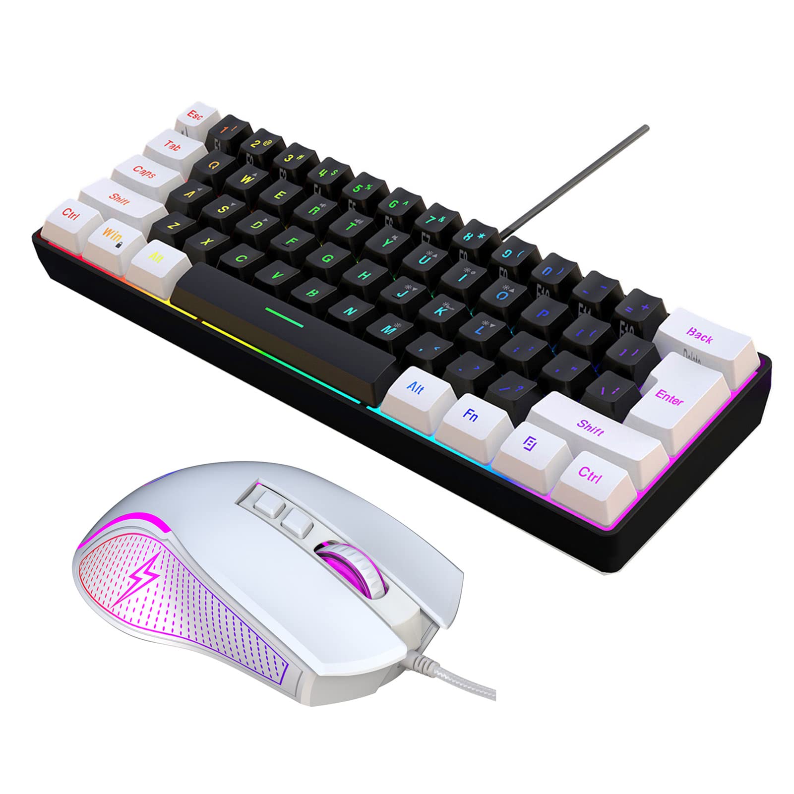 V700BW+X100 Kit tastiera e mouse per computer USB con retroilluminazione RGB cablata a 61 tasti + mouse da gioco cablato Illuminazione a LED colorata DPI a 4 livelli max.3600 DPI per PC portati