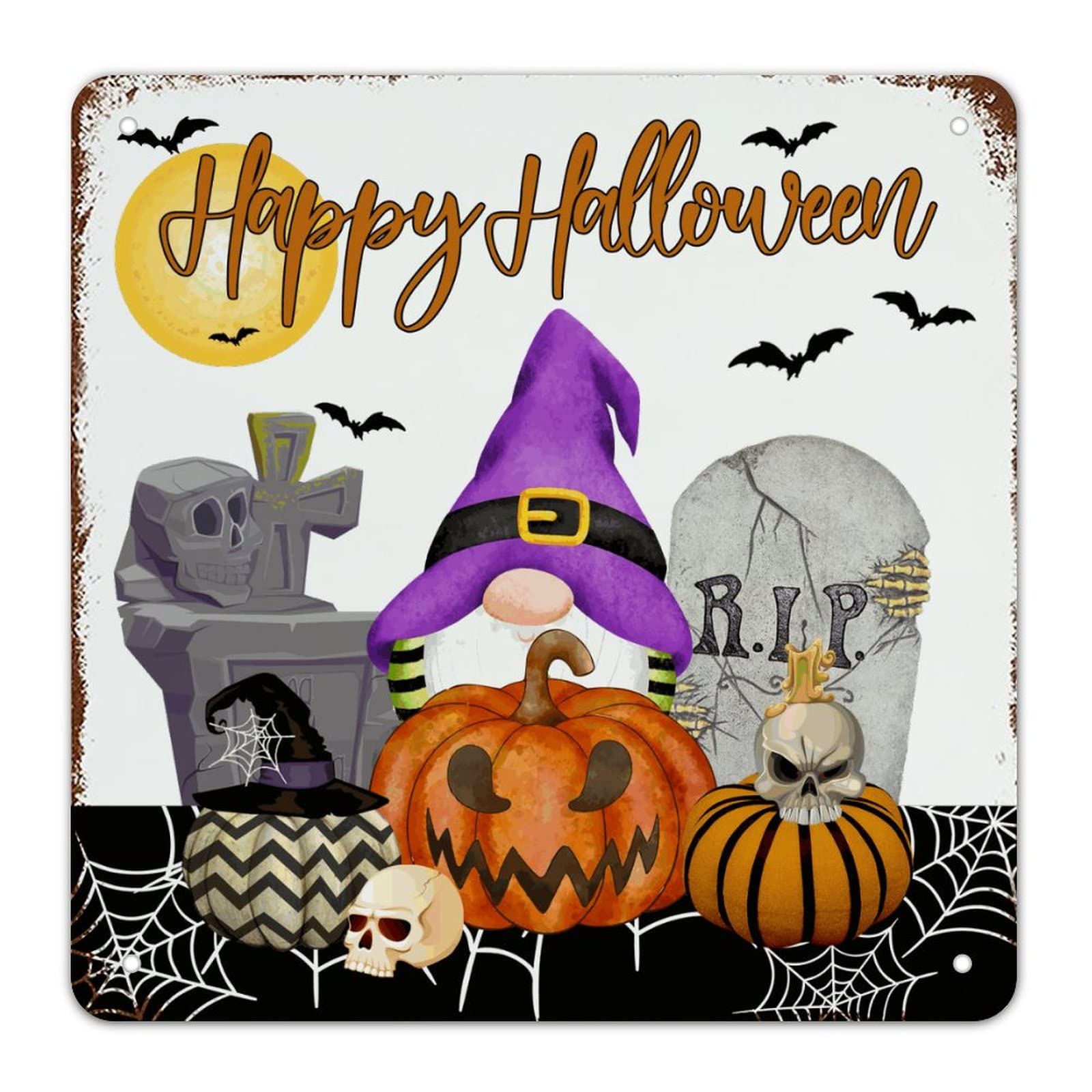 Plaque vintage Halloween en métal décor citrouille et sorcière pour bar