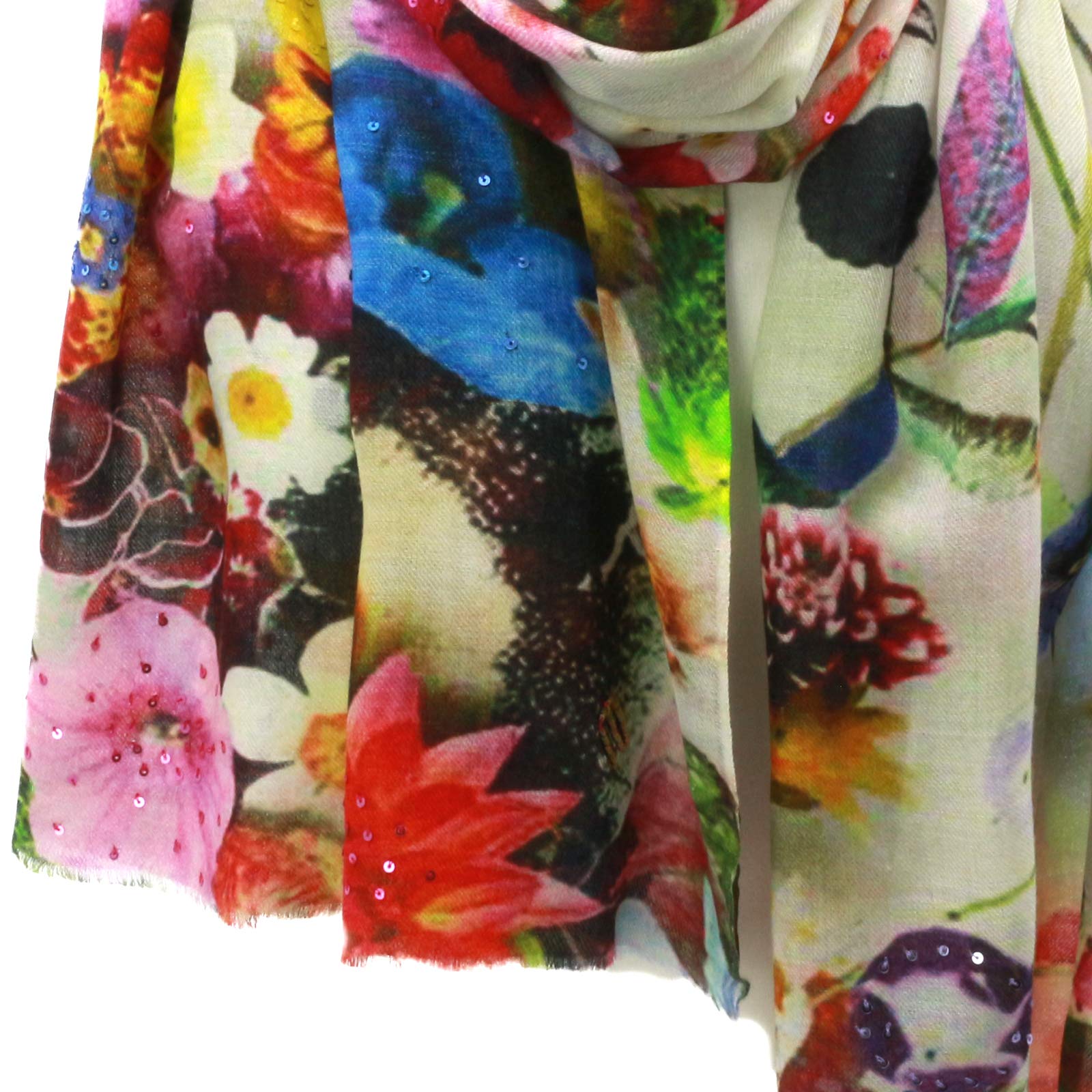 Mooilo, cachemira, seda, bufanda, moda de lujo, para mujer, cachemira, mar de flores con lentejuelas, diseño fabricado en Alemania, Blanco, rojo, azul., Talla única