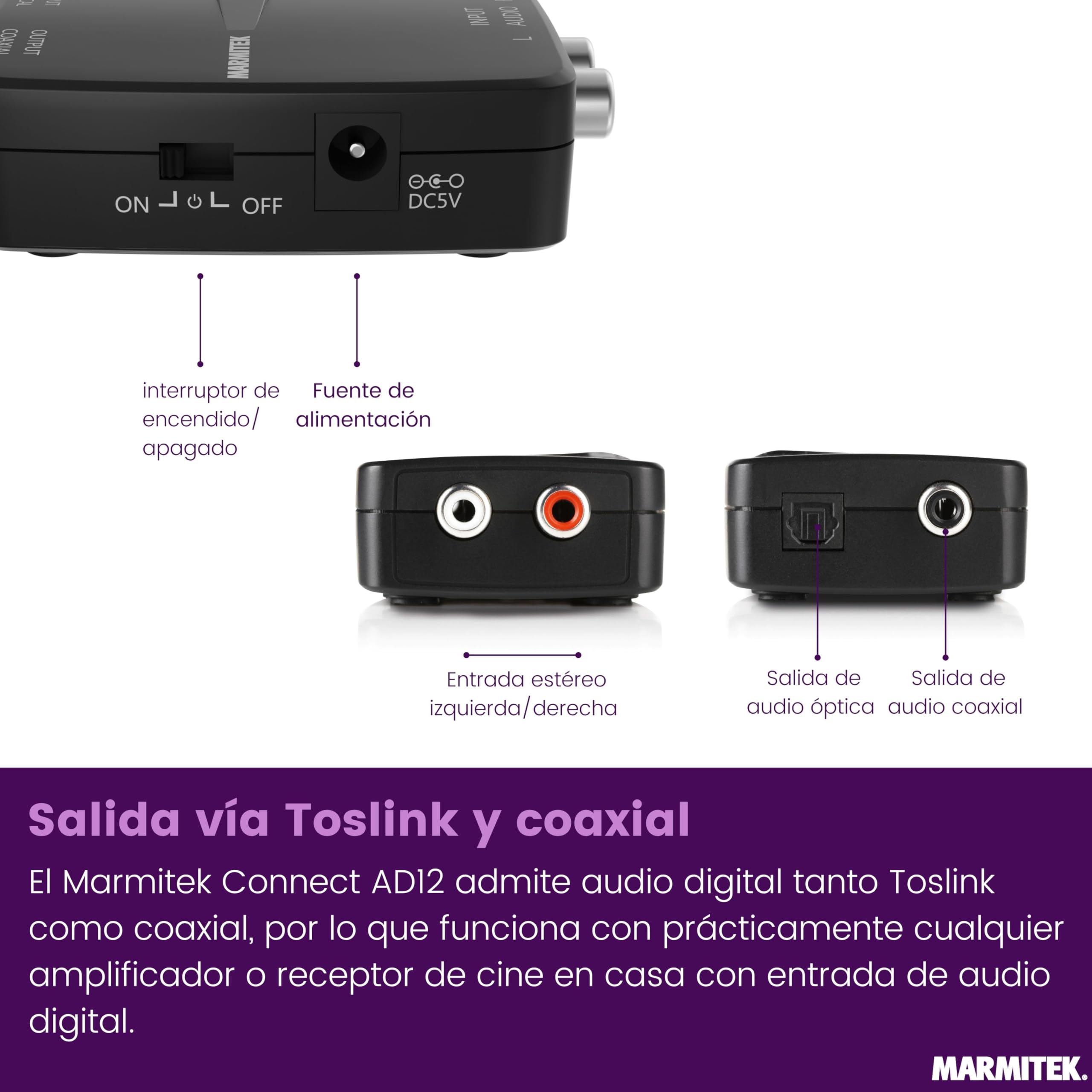 Marmitek Connect AD12 - Convertidor ADC audio analógico a digital RCA | Convierte RCA estéreo a Toslink o coaxial, salida simultánea LPCM, para TV, amplificador y barra de sonido