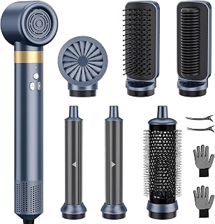 ETNSOUIK 6-in-1 Ionic Hair Styler Brush: Hot Air Dryer with Curling, Straightening, Volumizing Attachments - Gemstone Blue