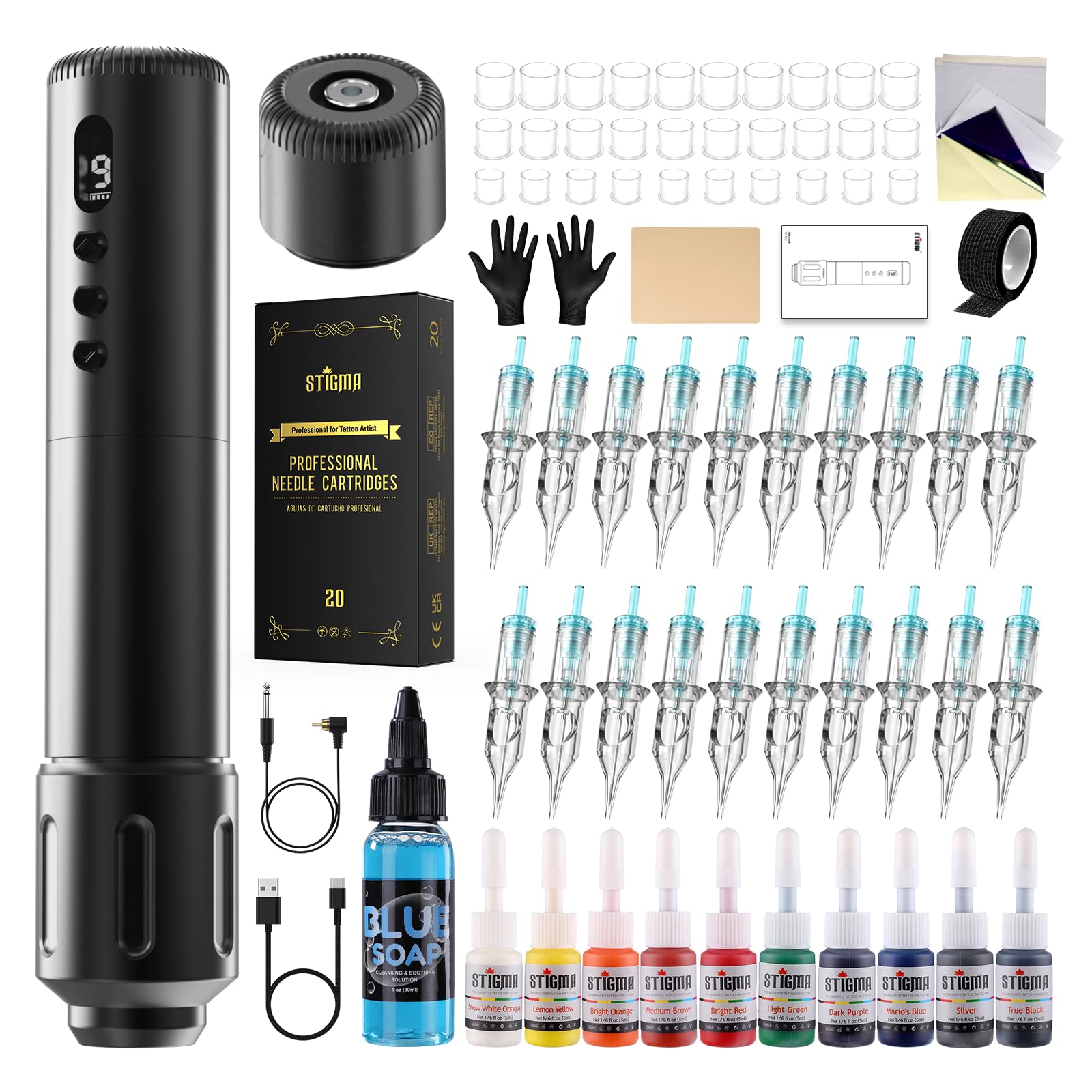 STIGMA Maquina de Tatuar Profesional Maquina de Tatuaje Inalambrica Set con 20Pcs Agujas de Tatuaje, Tintas Colores para Tatuar Kit de Tatuaje Completo