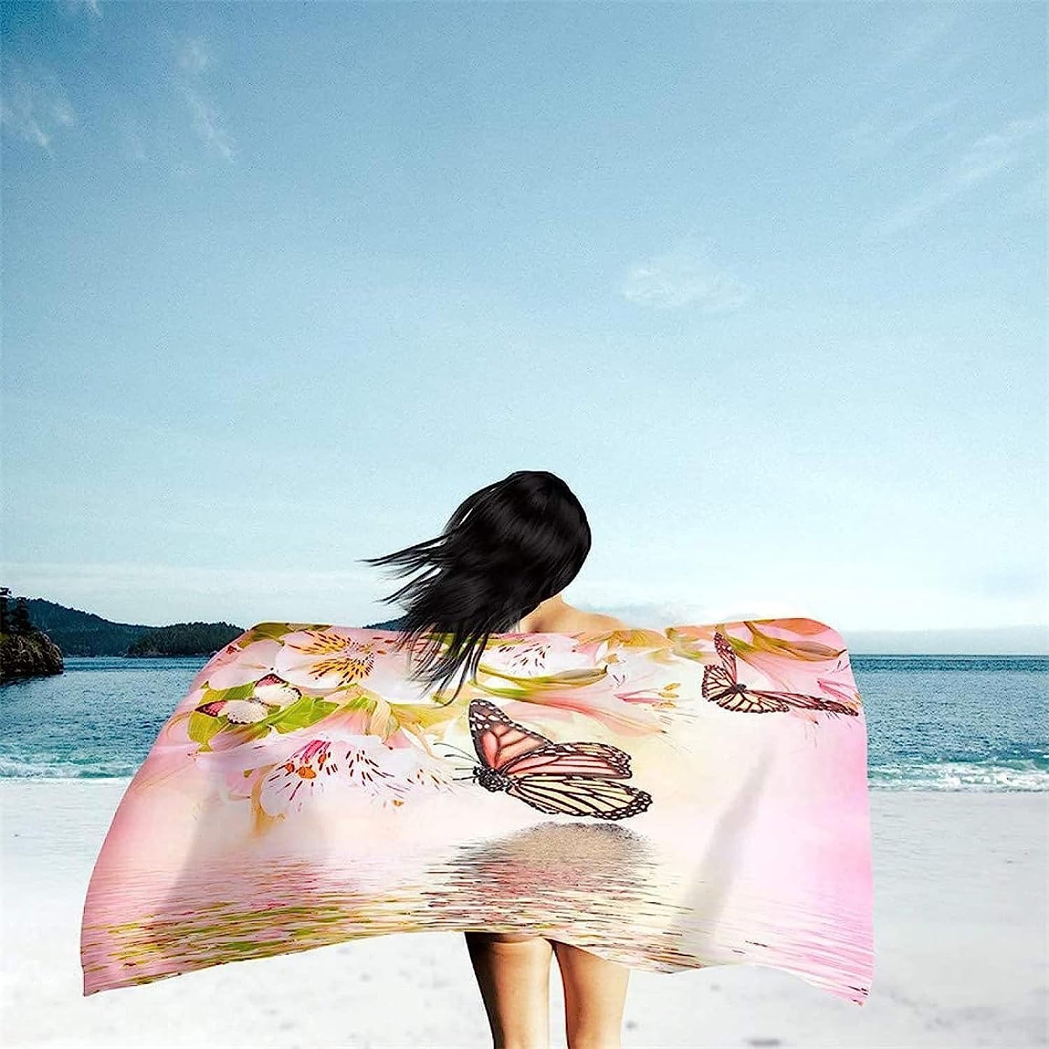 Strandtücher Mikrofaser Schnelltrocknend 3D Rosa Sakura-Schmetterling Drucken Tragbar Sand Proof Ultraleicht Strand-Badetuch Ideal Als Strandtuch,Reisetuch,Saunatuch,Duschtuch Sport 150 X 20-1N3S/A1W