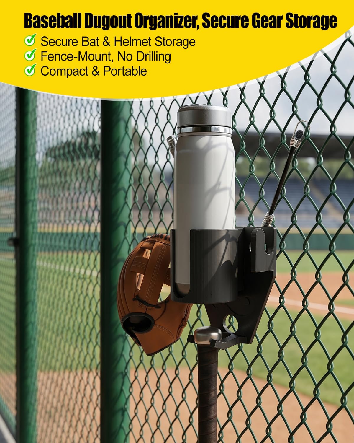 Baseball Softball Dugout Organizer Fence Mounted Rack for Bats Helmets | Durable Material, Quick Setup, Hook Design, Lightweight Frame, Field Use, Compact Structure, Keep Clean