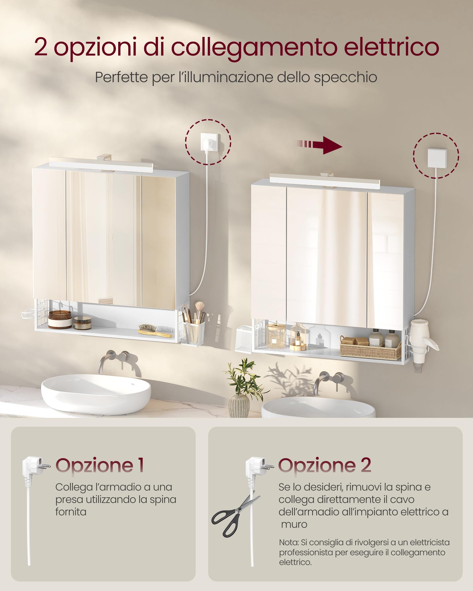 VASAGLE Mobile da Bagno con Illuminazione LED, 16,5 x 70 x 75 cm, Cestino Sospeso, Supporto per Asciugacapelli, per Lavabo, Bianco Nuvola BBK126W01