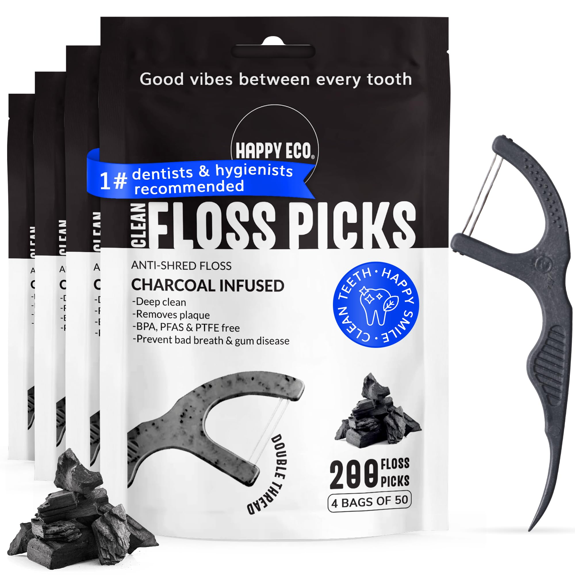 Dental Floss Picks 200pcs - Flossers for Adults Vegan Corn-Straw Handle Superior Oral Care Anti-Shred Thread Dental Hygiene