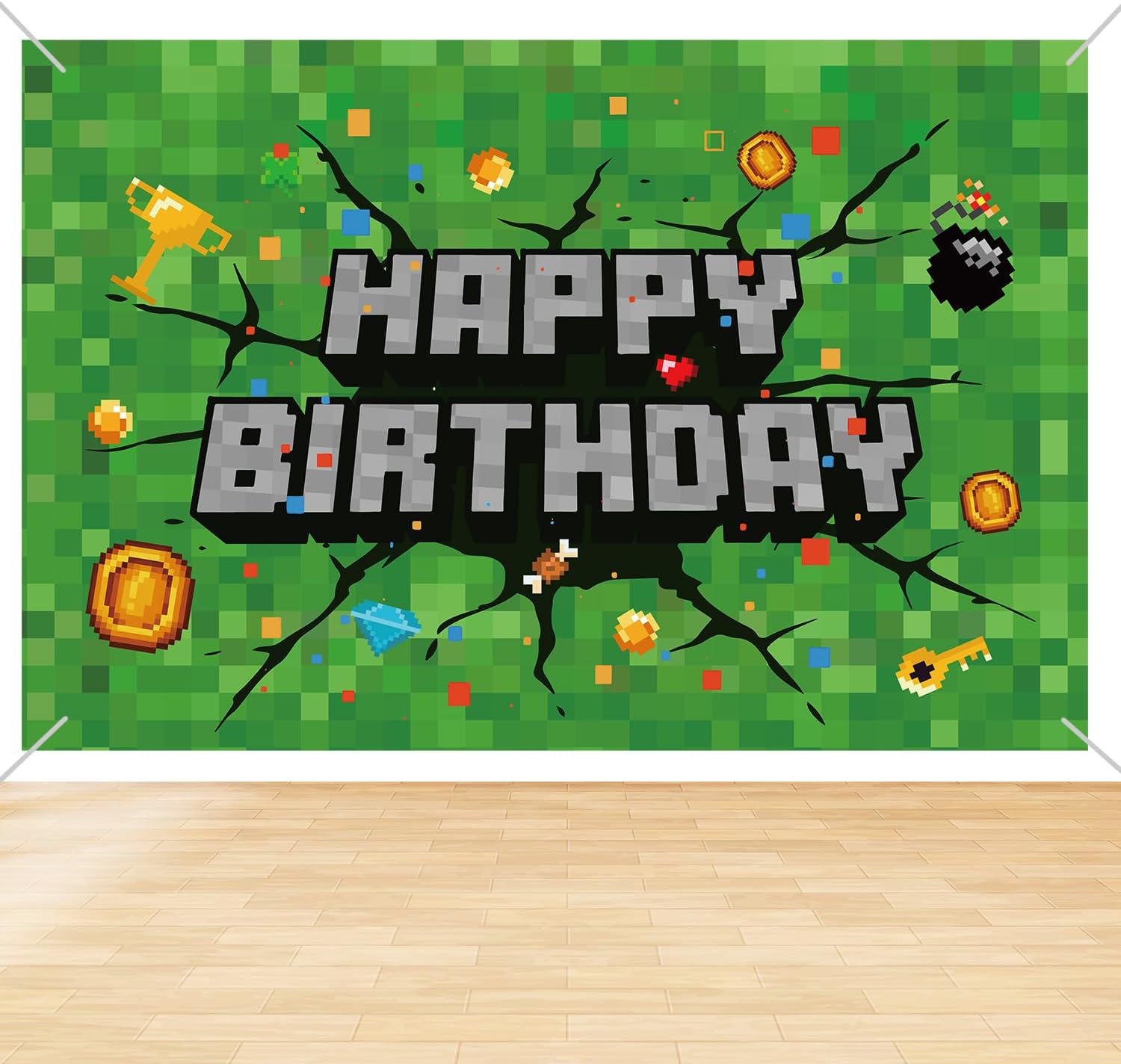 Happy Birthday Backdrop Banner, 59x39 Inch Game Pixel Party Backdrop Decoration Gaming Banner Photo Props for Kids Adults Birthday Party Decoration Supplies