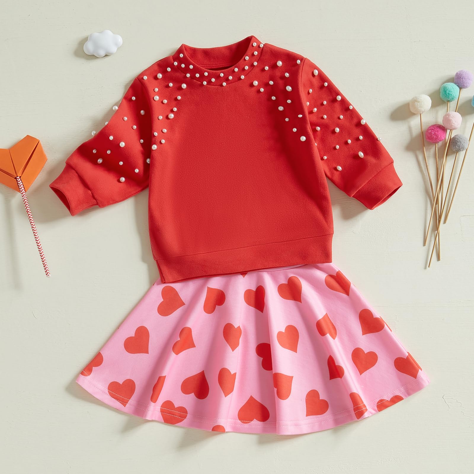 Emmababy Toddler Girl Valentines Skirt Set Ruffle Pearls Sweatshirt Long Sleeve Heart Print Skirt Kids Valentines Day Outfit (15 Red, 3-4T)