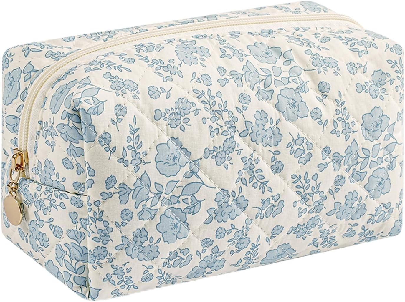 Cute Floral Makeup Bag Small Cotton Quilted Cosmetic Bag, Aesthetic Essential Bag Emergency Bag Gift for Women Girls Travel Accessories (Blue Floral)