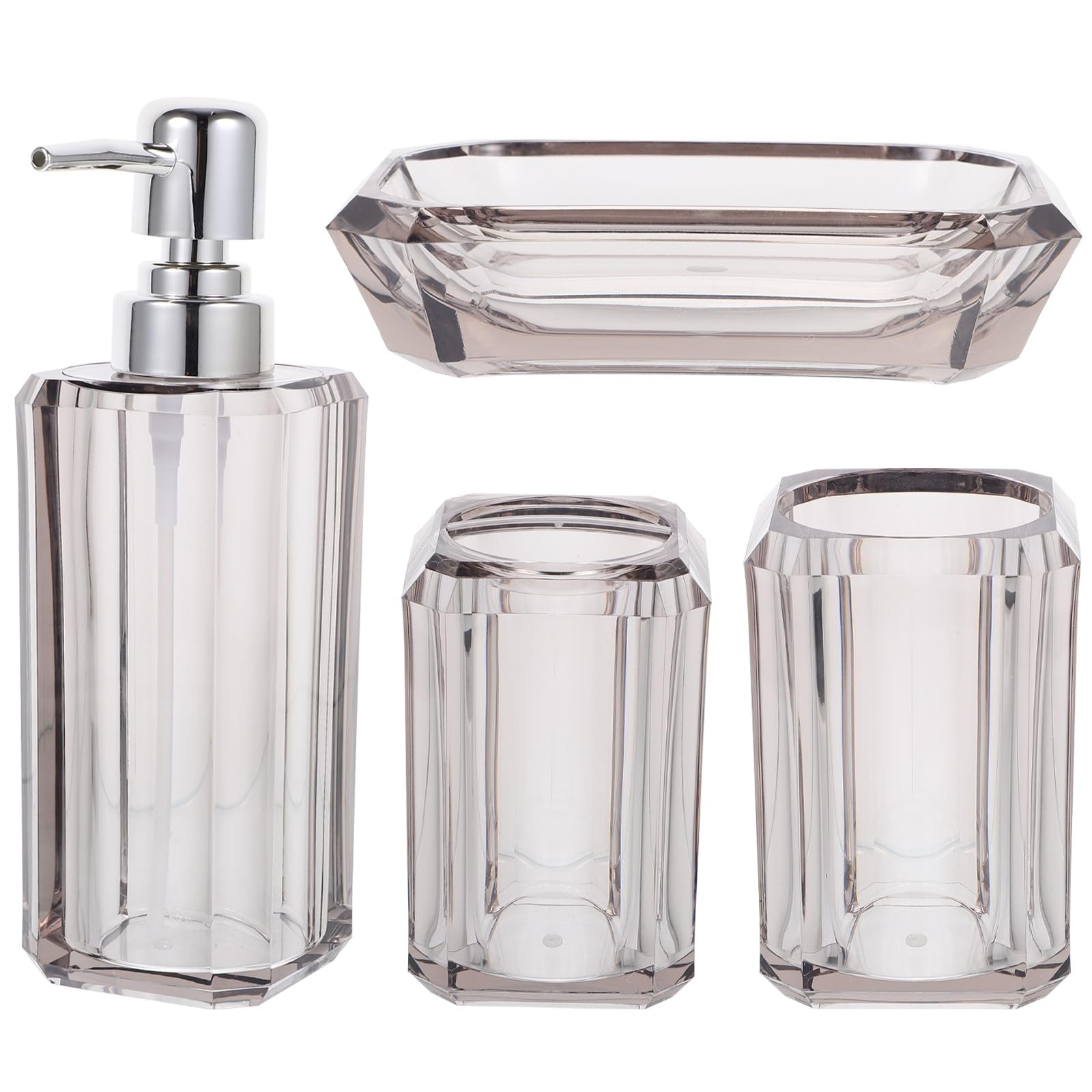 BESPORTBLE Juego Accesorios Baño 4 Piezas Acrílico Transparente Gris, Dispensador Jabón Manual, Soporte Cepillo Dientes y Jabonera Compacta para Baño Doméstico y Hotel, Fácil Limpieza