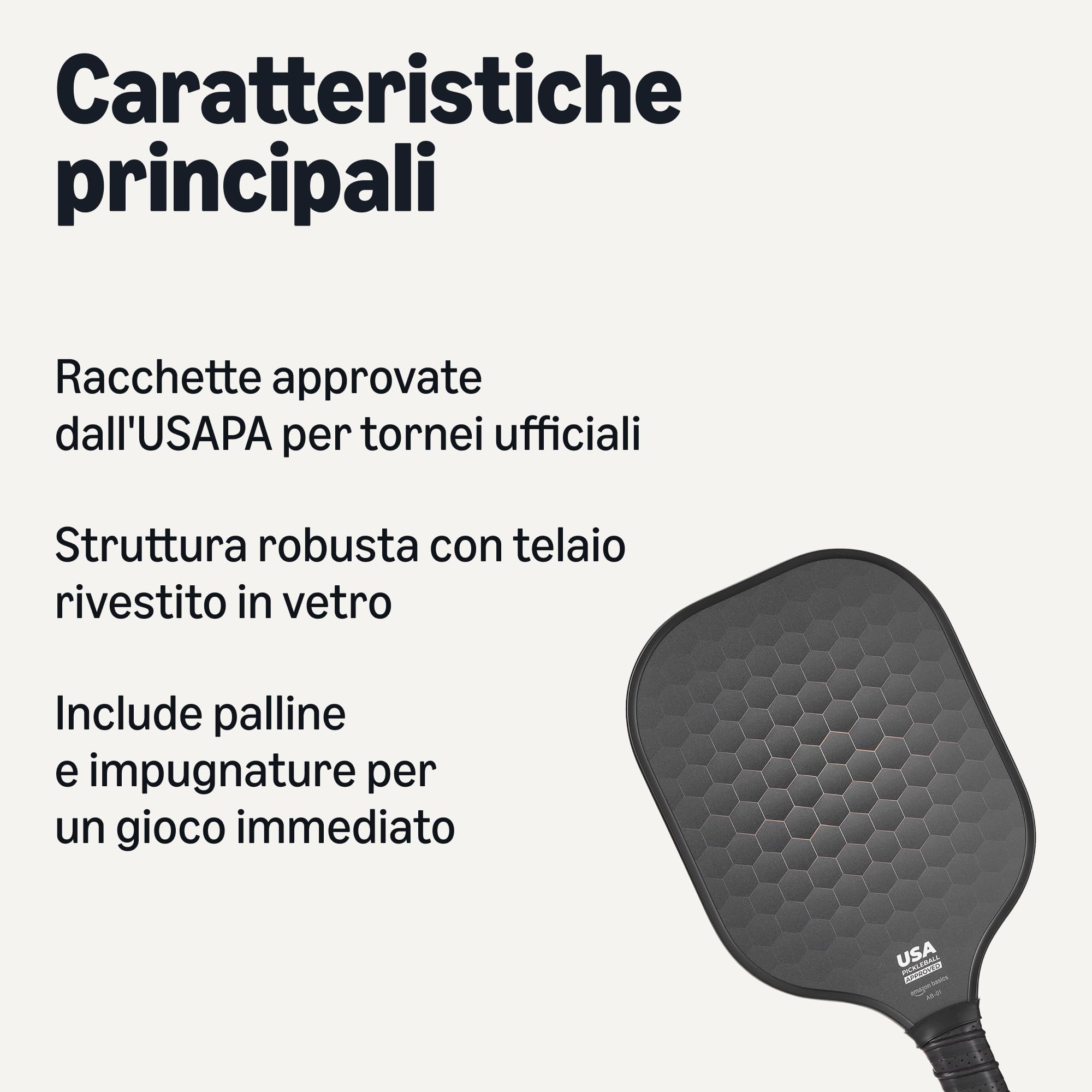 Amazon Basics Set di 2 Racchette da Pickleball Approvate USAPA con Telaio in Vetro, 4 Palline e 2 Impugnature, Nero Stealth
