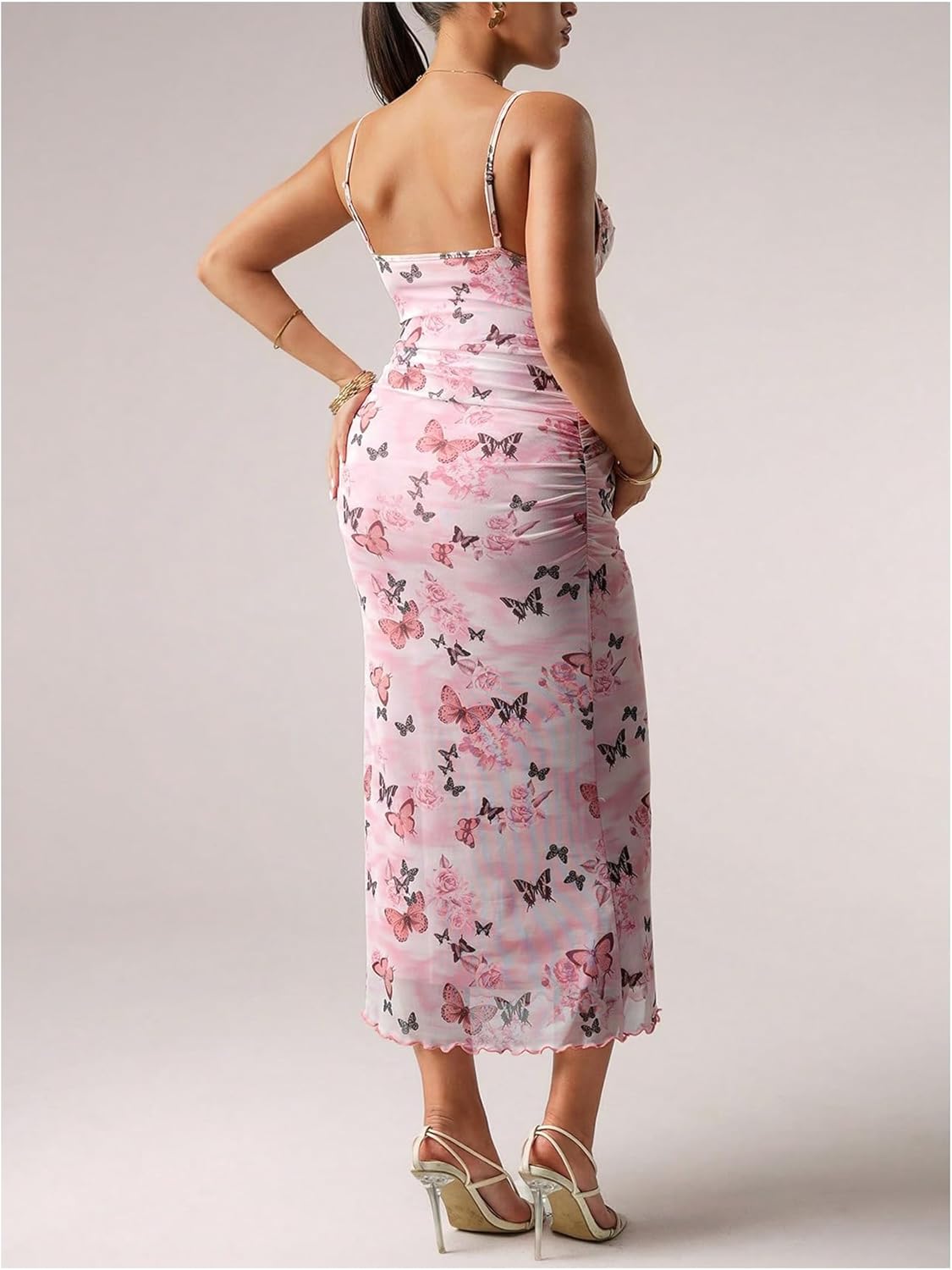 OYOANGLE Women's Maternity Fishtail Dress Butterfly Spaghetti Strap Ruched Bodycon Long Dresses for Baby Shower