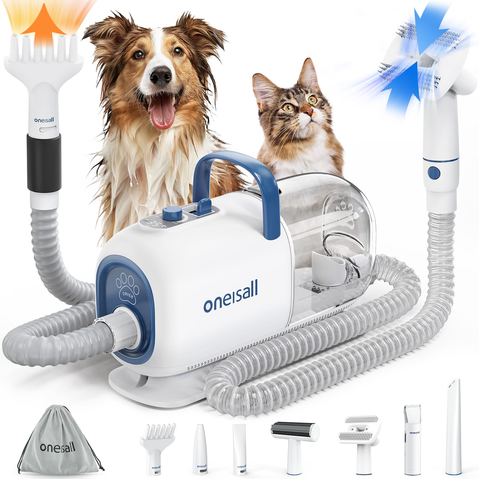 oneisall Dog Grooming Vacuum Blow Dryer and Dog Clippers for Grooming 2.5l