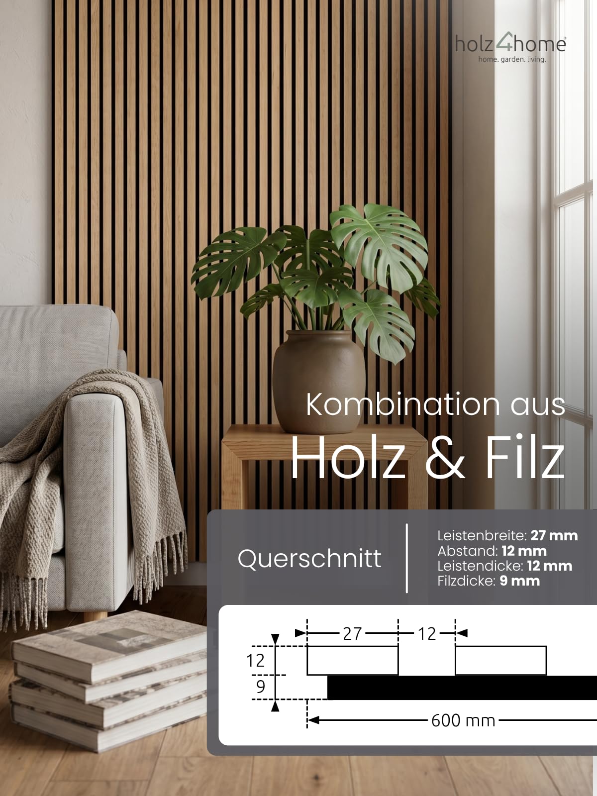 holz4home® 2er Set Akustikpaneele Holz 240x60 cm Eiche I Wandpaneele Innenverkleidung Wandpaneele in Holzoptik I Lamellenwand 3D Holzverkleidung Paneel Holzpaneele
