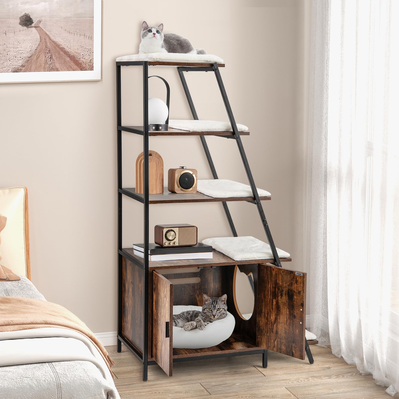 GOPLUS Kattenkast met 5 ladderplanken, kattenbak kast met metalen frame, kantelbeveiliging en verstelbare poten, kattenmeubel voor binnen met verborgen kattenbak en matten voor katten (bruin GOPLUS Kattenkast met 5 ladderplanken, kattenbak kast met metalen frame, kantelbeveiliging en verstelbare poten, kattenmeubel voor binnen met verborgen kattenbak en matten voor katten (bruin
