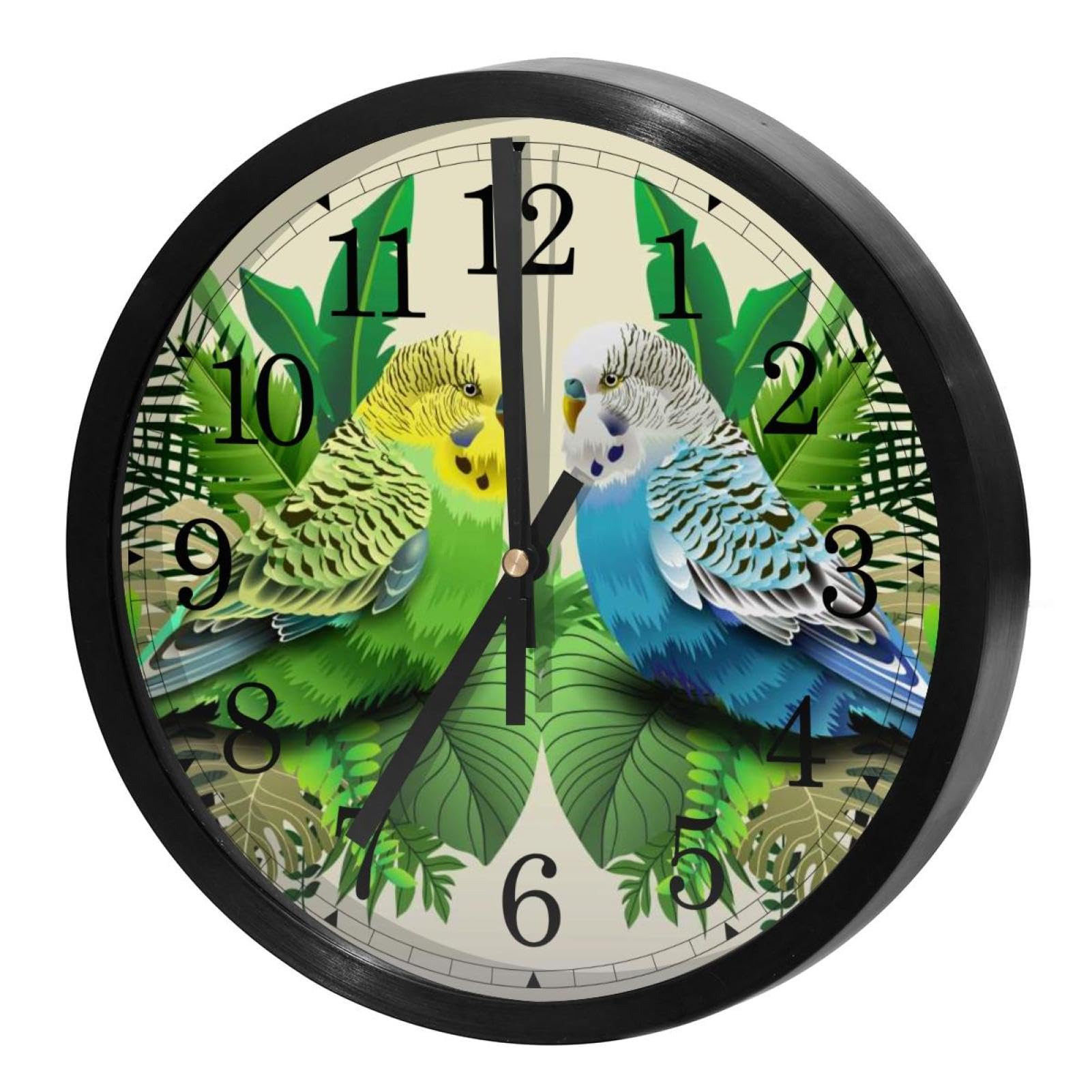 VAPOKF Wall Clock Silent Non Ticking Quartz Battery Operated Round Wall Clocks Home/Kitchen/Office/School Clock, Green and Blue Budgie in Leaves