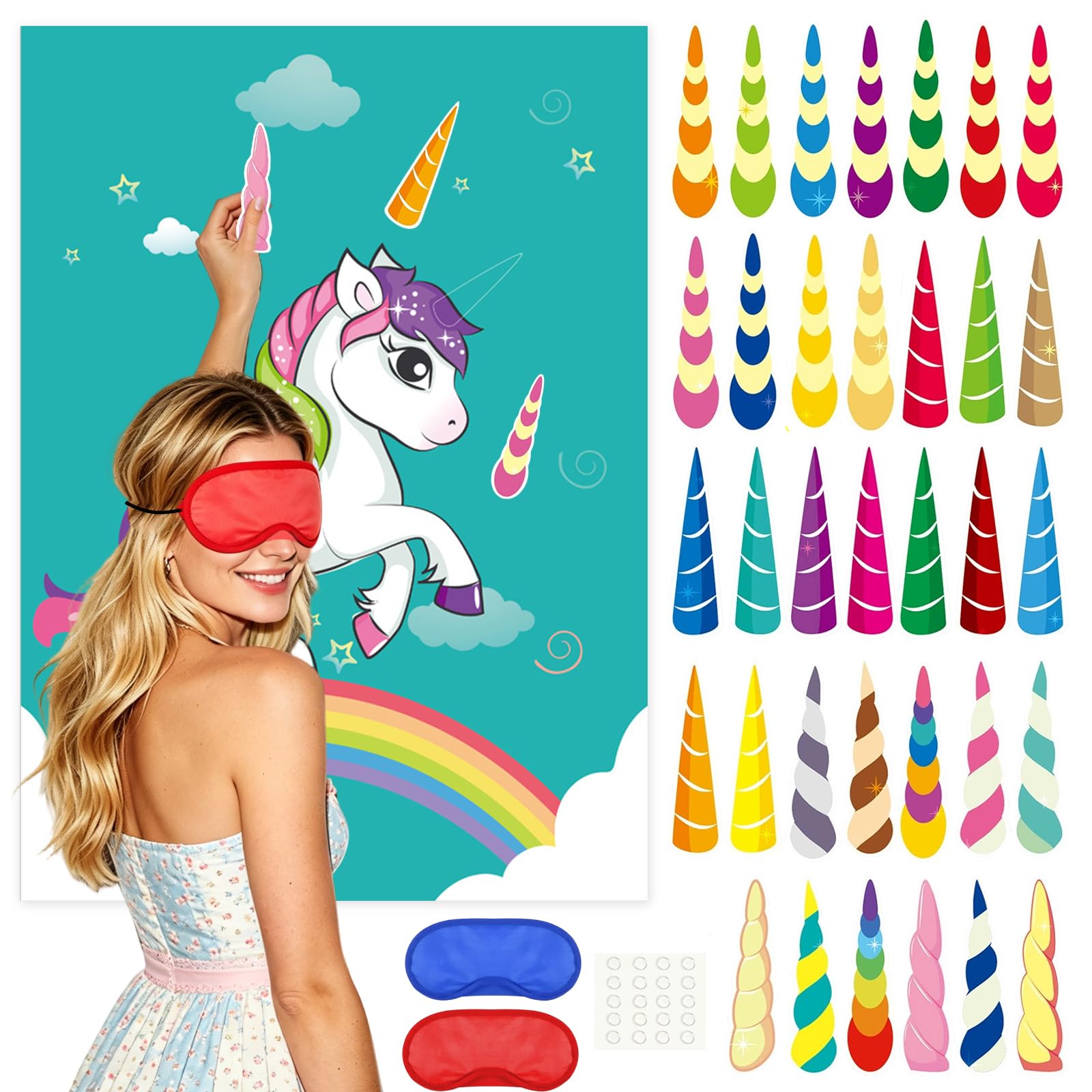 ATQCK Pin The Horn on the Unicorn Birthday Party Game, Large Poster with 34 Horn Stickers 2 Blindfolds 20 Dot Adhesives, Unicorn Party Supplies for Home Family Wall Decorations