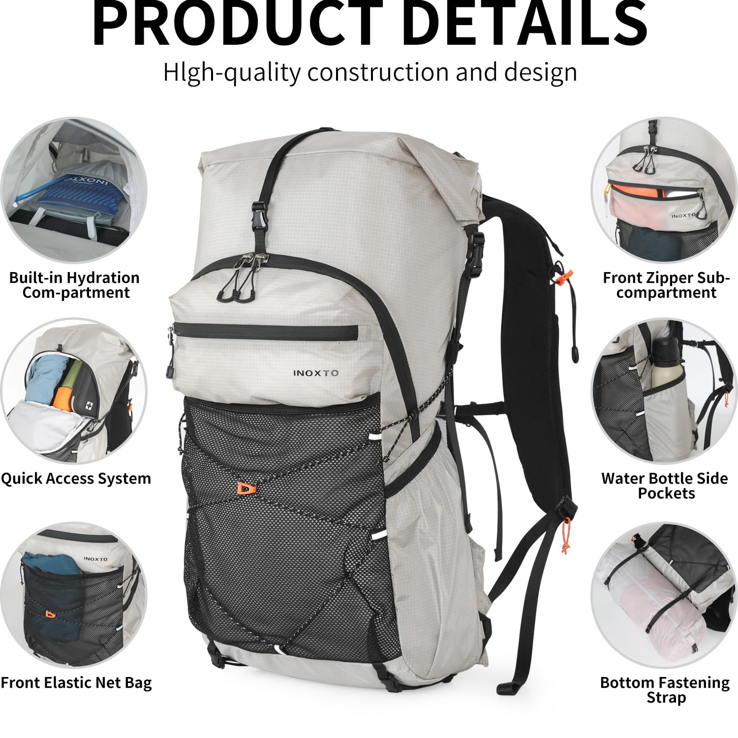 IX INOXTO Wanderrucksack für Damen und Herren, 30 l, wasserdicht, Camping-Rucksack mit 3 l Wasserblase und Regenschutz, leicht