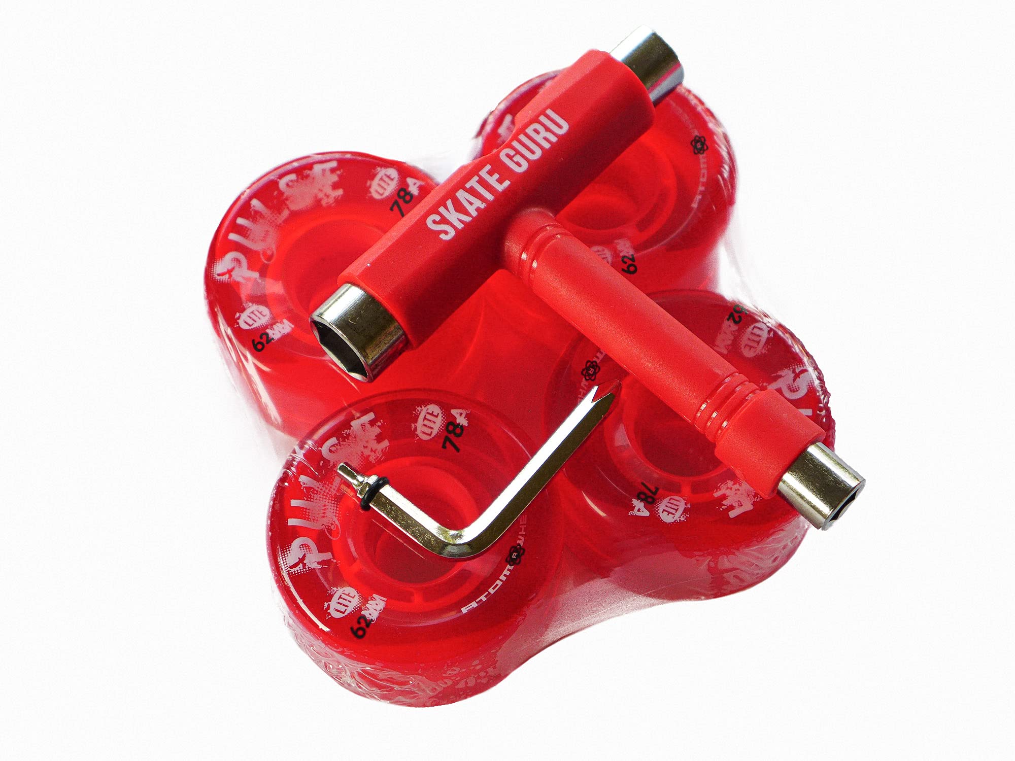 Atom Skates Outdoor Quad Roller Wheels / 4 Wheels Atom Pulse Lite 62x33 Red Bundle with Tool