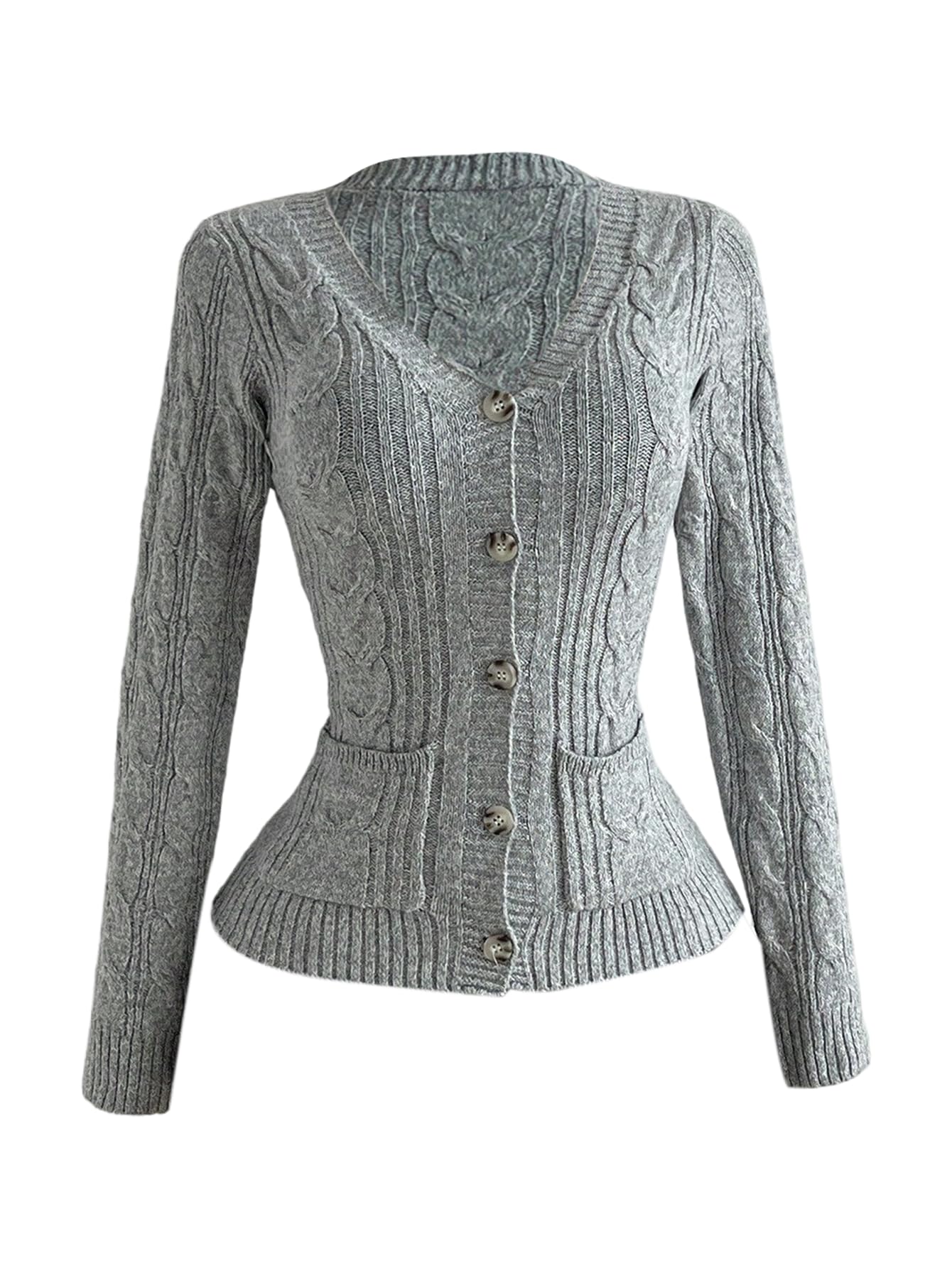 Womens Button Up Cable Knit Cardigan Fall V Neck Long Sleeve Fitted Sweater with Pockets