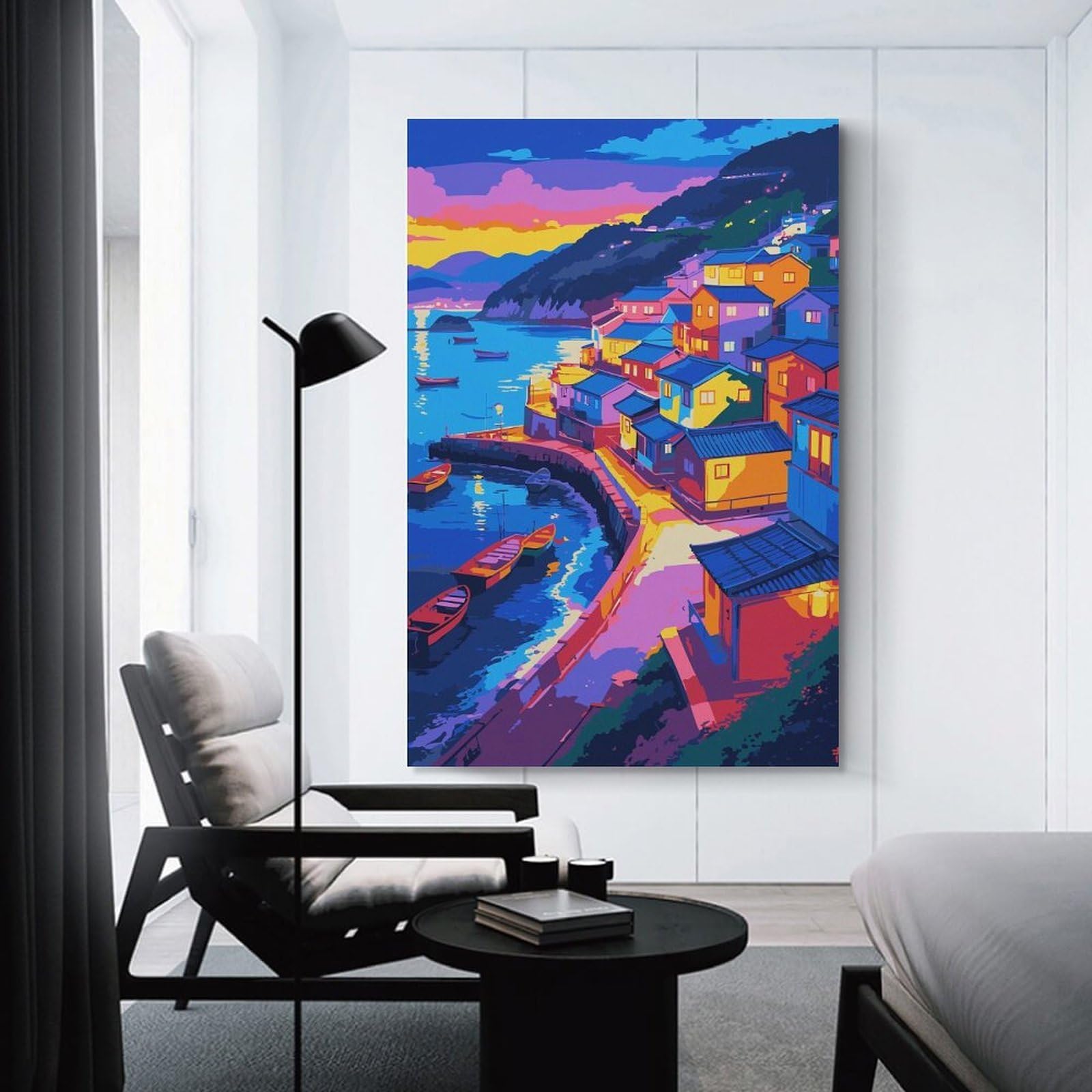 Junmoney Colorful Coastal Village at Sunset Room Decor Wall Art, 20x30inch(50x75cm), for Feature Walls in Flats Or Modern Rooms, Wall Decor Suited to Curated Displays