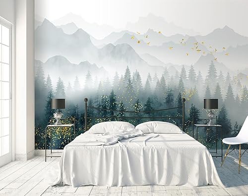 Miniatura 2 de Papel pintado con bosque de pinos brumosos y mural dorado para dormitorio (no despegar y pegar)