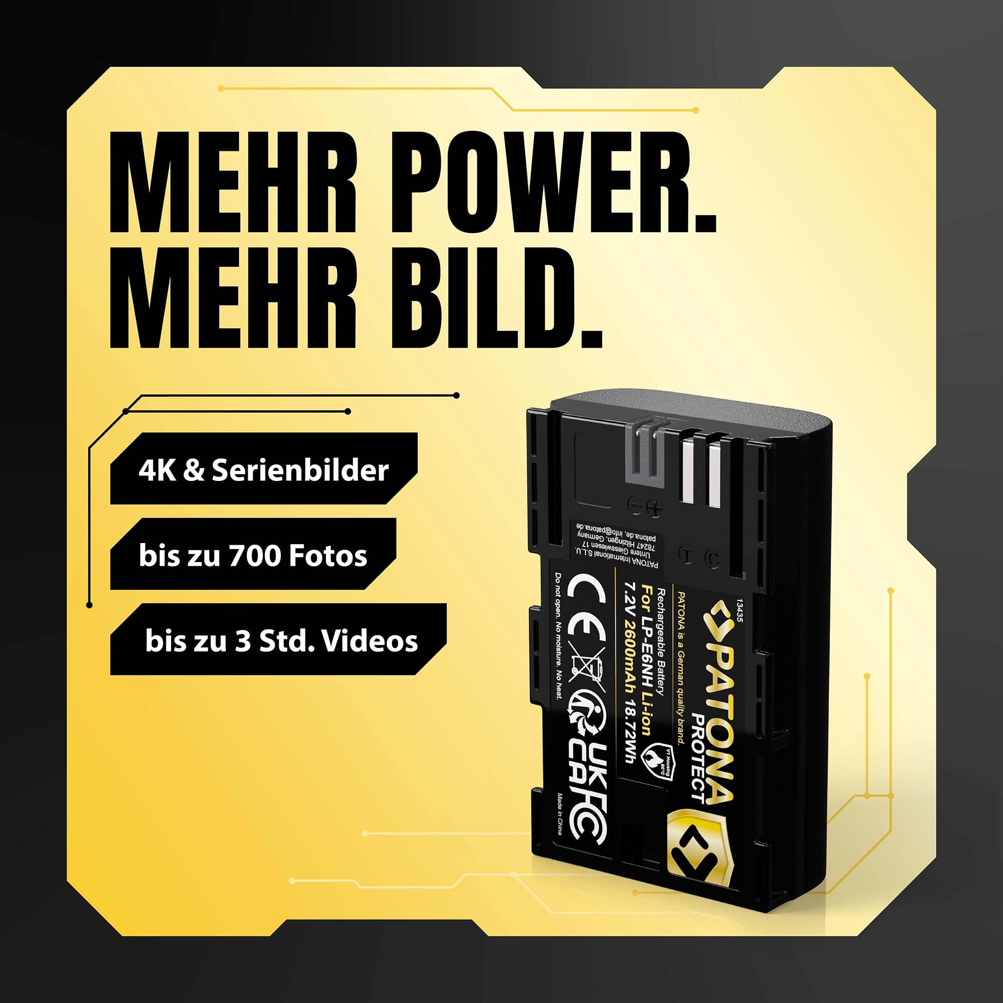 PATONA Protect Akku Ersatz für Canon LP-E6NH LP-E6 2600mAh 7.2V | Ersatzakku für EOS R5 R6 R6II R7 5D Mark I-IV 5DS 60D 6D 70D 7D 80D 90D WFT-E5 E7 XC10 XC15, mit NTC-Sensor & Schutzgehäuse