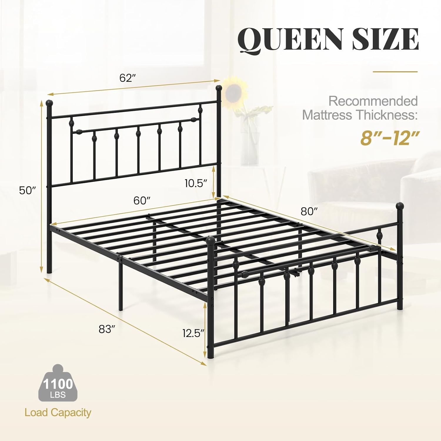 GOFLAME Queen Size Metal Bed Frame, Victorian Style Mattress Foundation with Headboard & Footboard, Under Bed Storage, Heavy-Duty Platform Bed, Metal Slats Support, No Box Spring Needed, Black